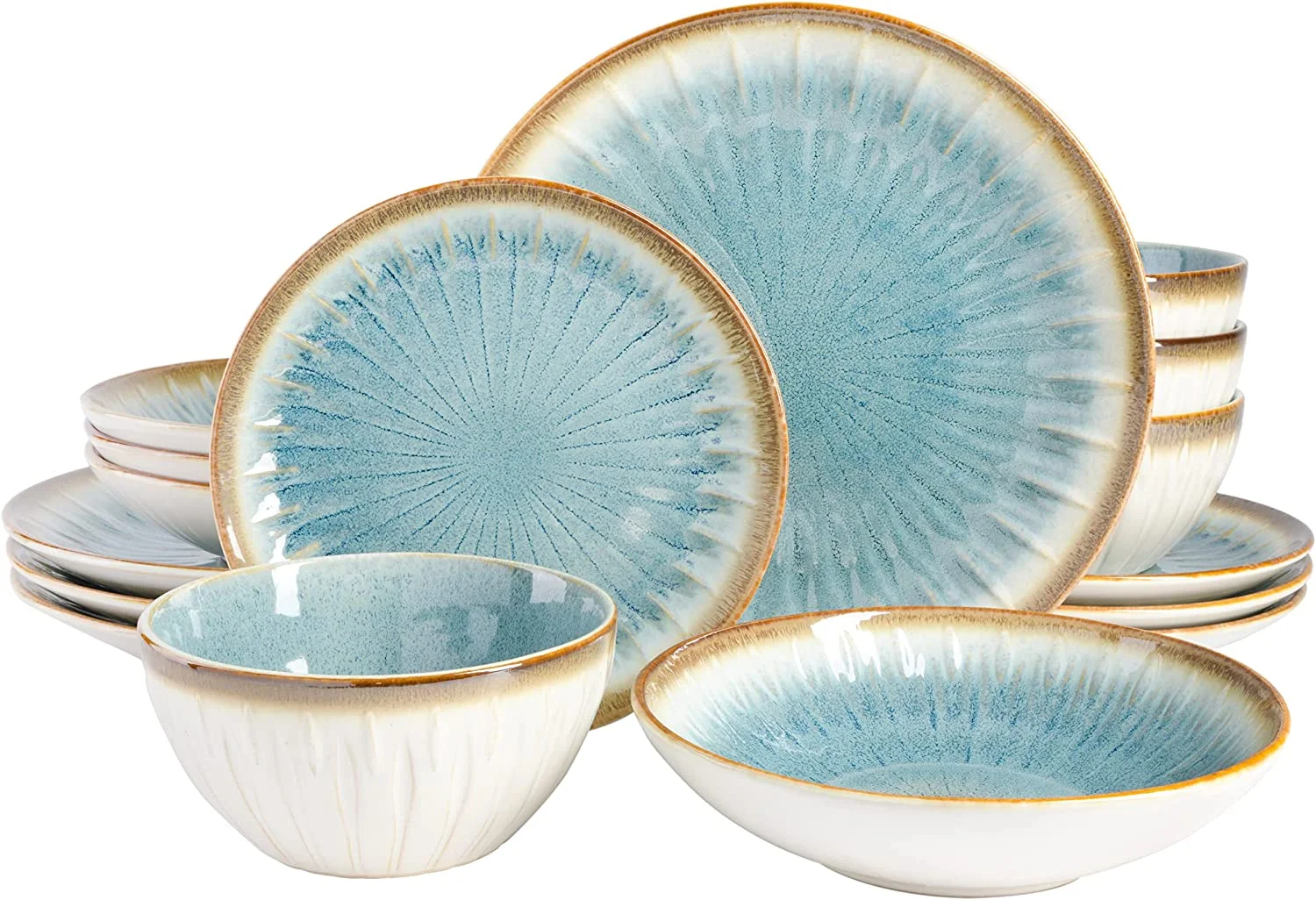 MINGFENG Mayfair Bay Embossed Double Bowl Dinnerware Set, Service for 4 (16pcs), Blue