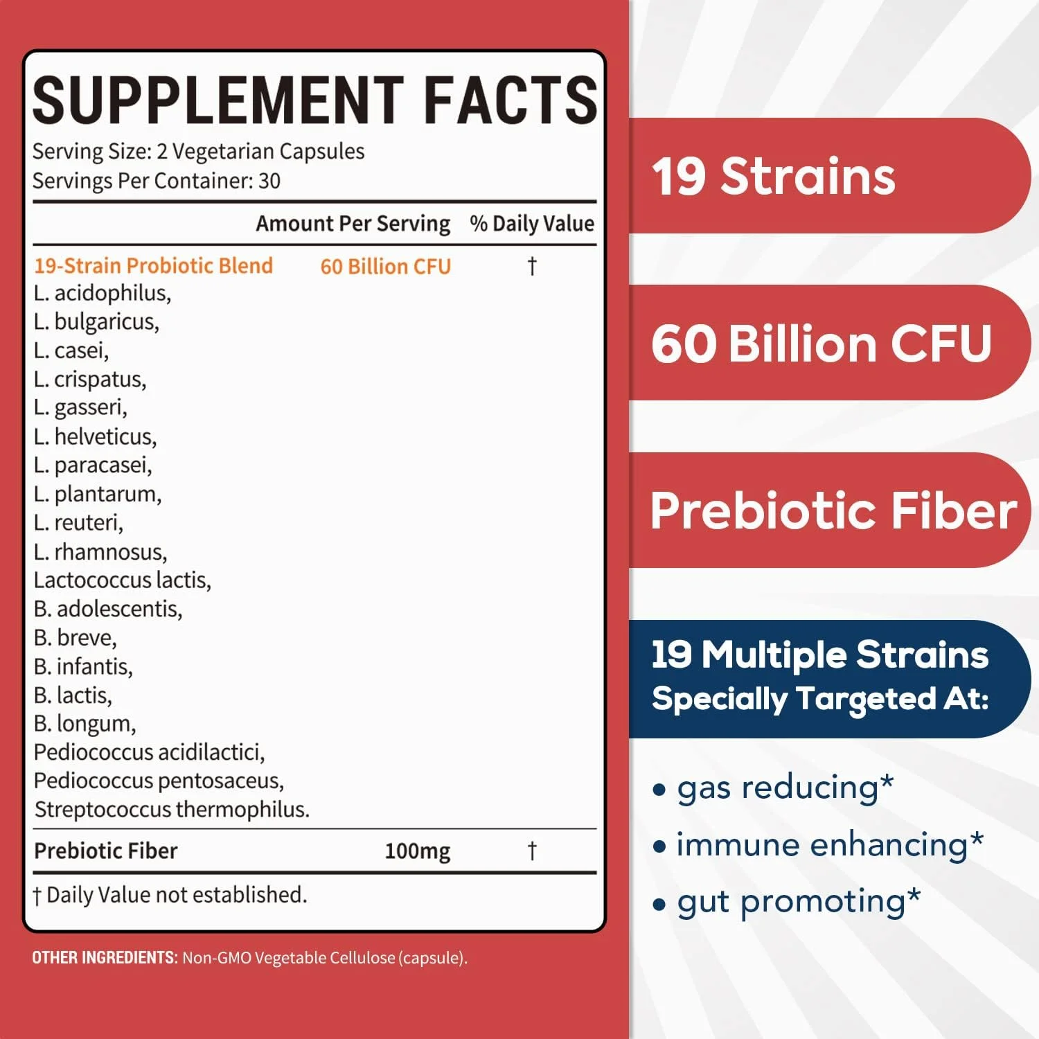 Surebounty Probiotics 60 Billion CFU 19 Strains for Men & Women, with 100mg Prebiotic, Shelf Stable, 2-in-1 Daily Care Probiotic, Non-GMO, Digestive & Immune Health, 60 Veggie Capsules