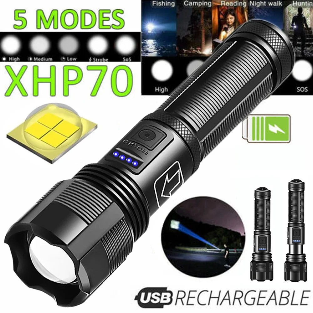 9000000 Lumens Powerful Flashlight, USB Rechargeable Waterproof XHP70 Searchlight Super Bright 5 Modes LED Flashlight Zoomable Bar Torch for Hiking Hunting Camping Outdoor Sport (Battery Included)