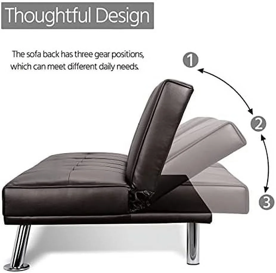 MQLIFEBOOM Convertible Sofa Bed Adjustable Couch Sleeper Modern Faux Leather Home Recliner Reversible Loveseat Folding Daybed Guest Bed  Removable Armrests  Cup Holders  3 Angles  772lb C