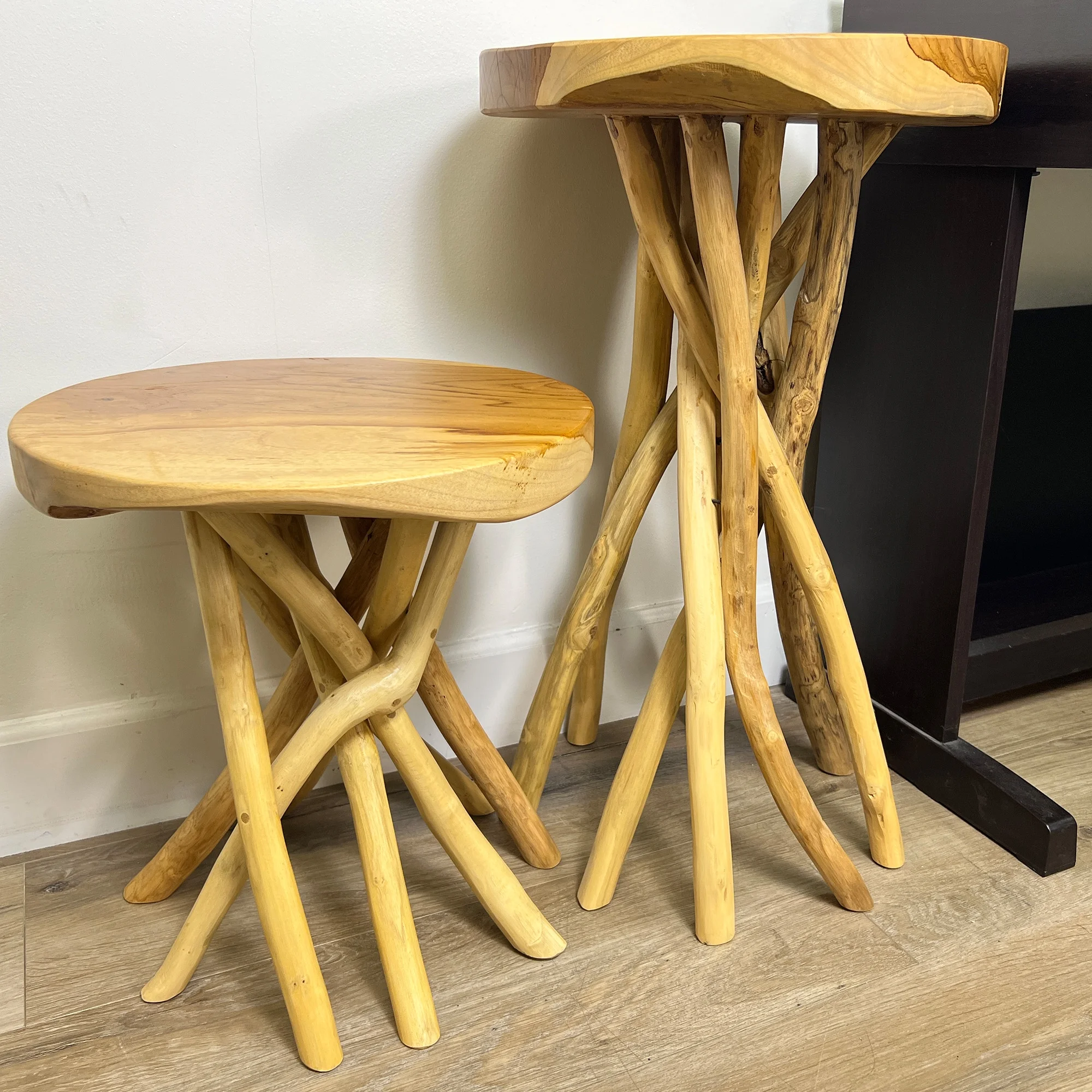 Greenage Natural Edge Teak Branch End Table, Live Edge Wood Side Table, Nightstand, Plant Stand, 15.7x15.7x17.7 inches