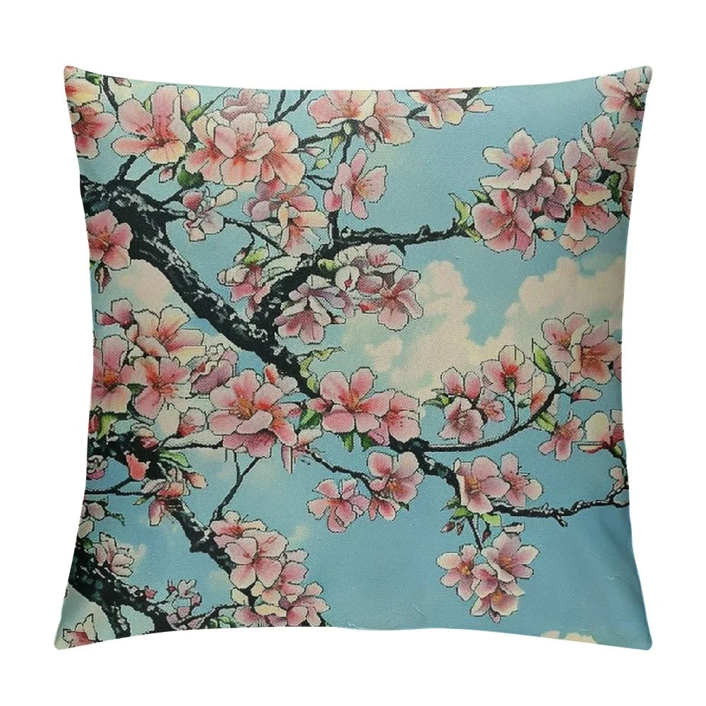 ONETECH Cherry Blossoms Throw Pillow Covers Vintage Floral Nature Chinese Asian Traditional Plum Blue Pink Soft  Decorative for Indoor Living Room Bedroom Sofa Pillow case