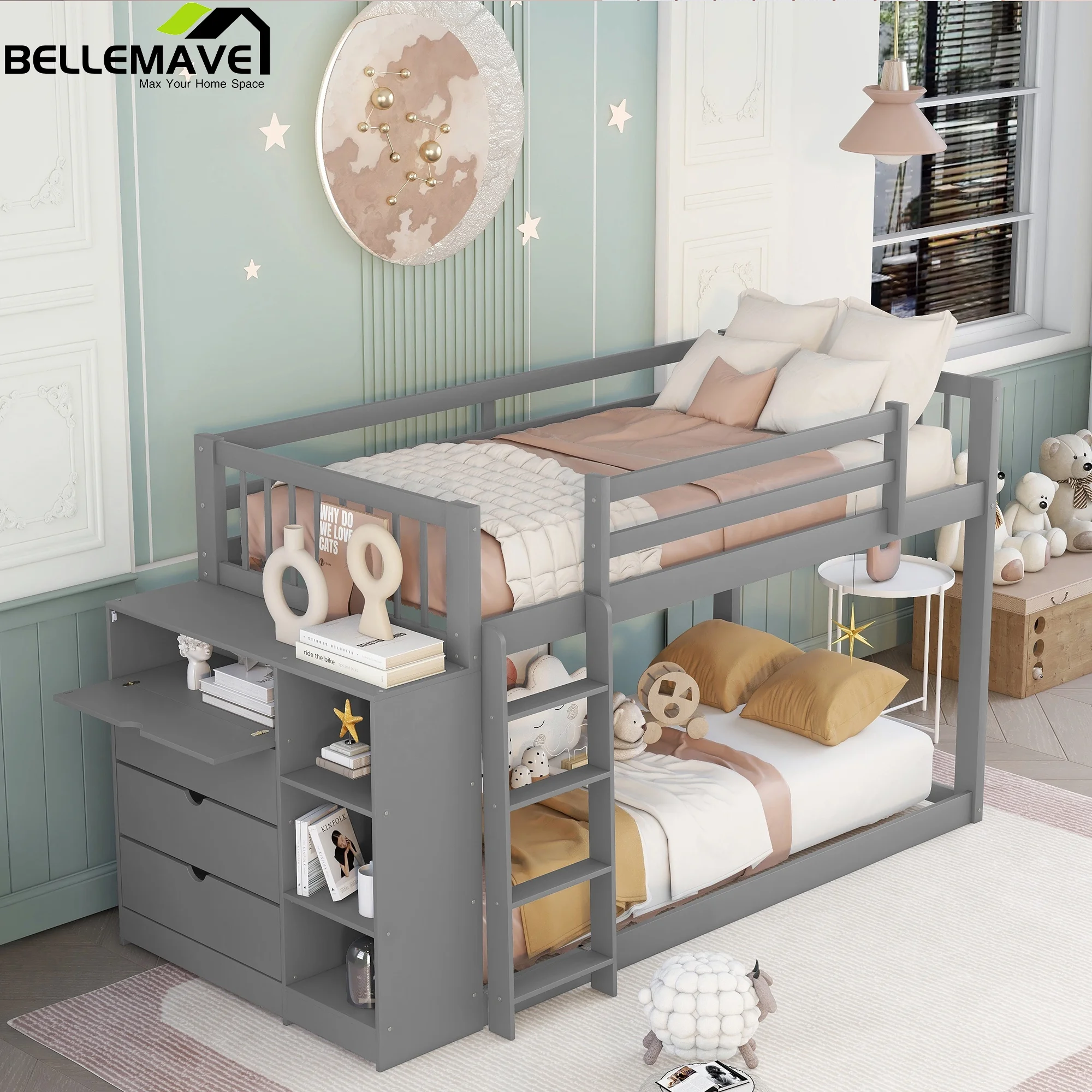 Bellemave Twin Over Twin Bunk Bed with Attached Cabinet and Storage Shelves, Solid Wood Bed Frame with Removable Ladder for Kids,Teens,Space Saving Bedroom Furniture(Gray)