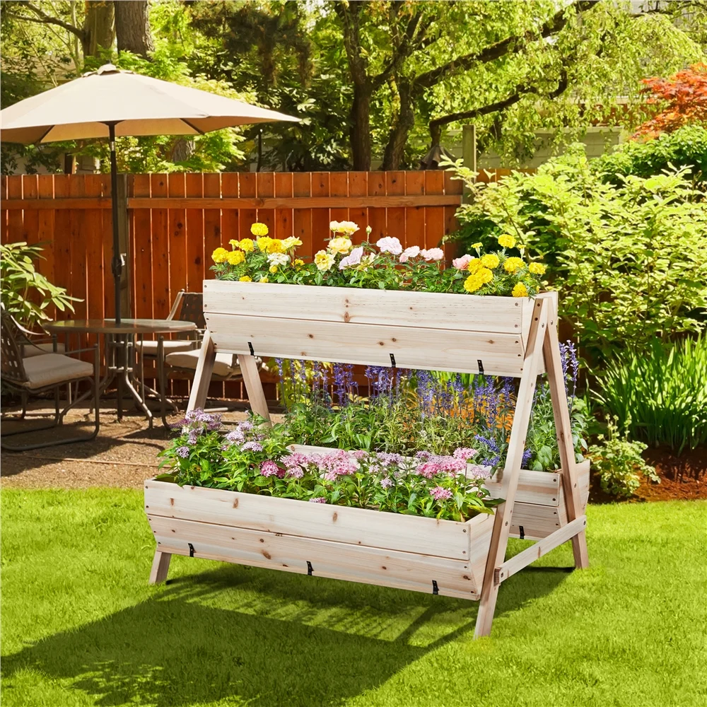 Topeakmart Wood Elevated Raised Garden Bed Planter Box for Flowers Vegetables Herbs, Wood