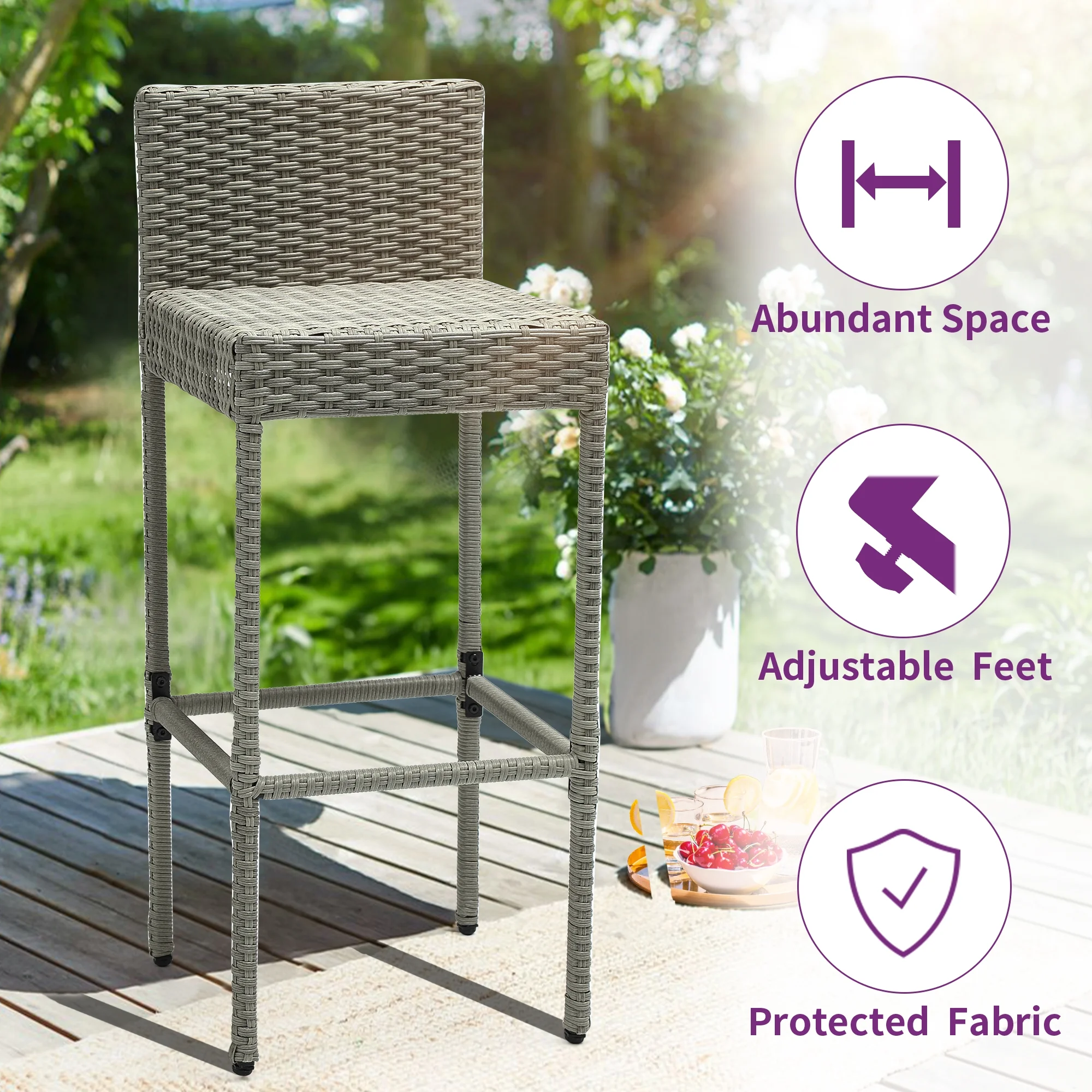 Dextrus 5-Piece All-Weather Wicker Bar Set, 4 Ergonomic Stools with Backrest and Bar Table with Metal Tabletop, Built-in Bottle Opener, and Storage Shelf, Gray