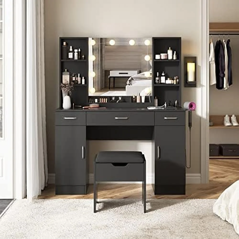 YPDCHB Vanity Table with Lighted Mirror & Power Strip  Large Vanity Set Vanity Desk with Lots   3 Lighting Modes  Brightness Adjustable  45.2in(L)