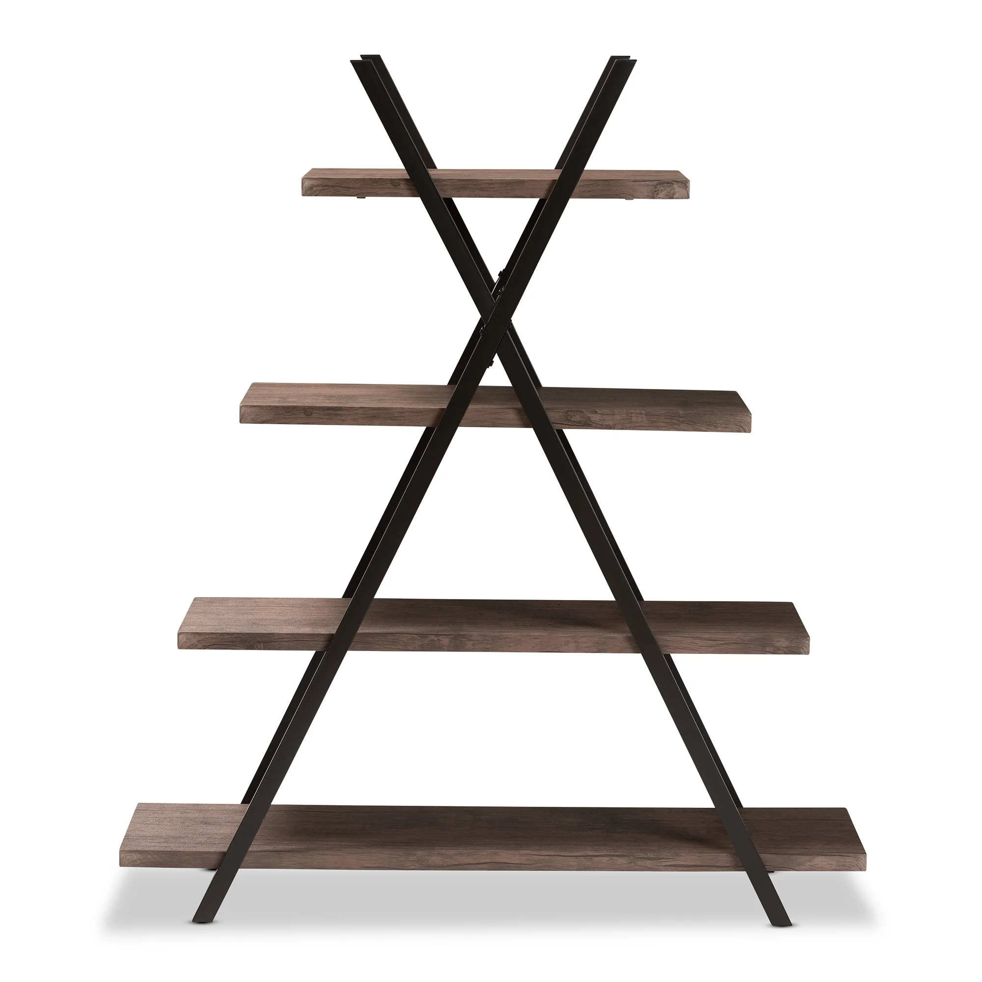 Baxton Studio Fiera Industrial Rustic Walnut Finished Wood and Black Metal 4-Tier Living Room Display Shelf