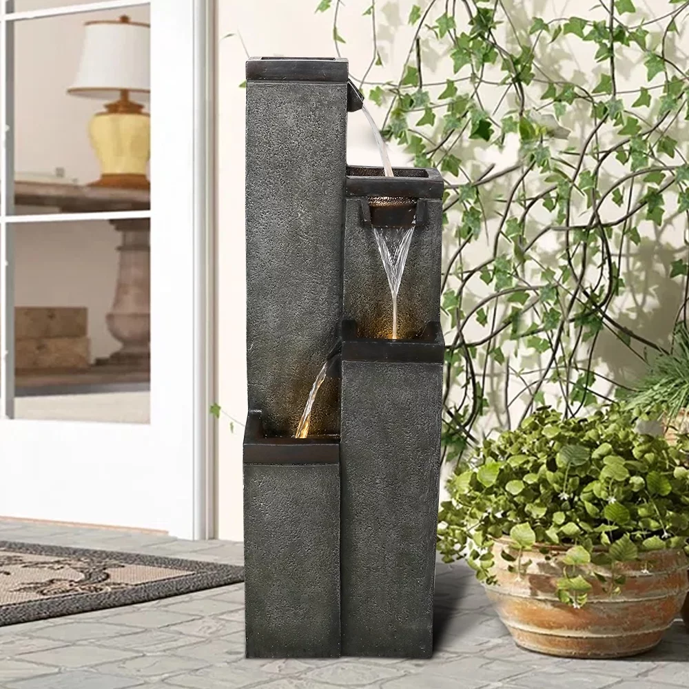 39.3” High Water Fountain with LED Lights - Indoor/Outdoor Modern Floor-Standing Waterfall Fountain for Home and Garden Decor