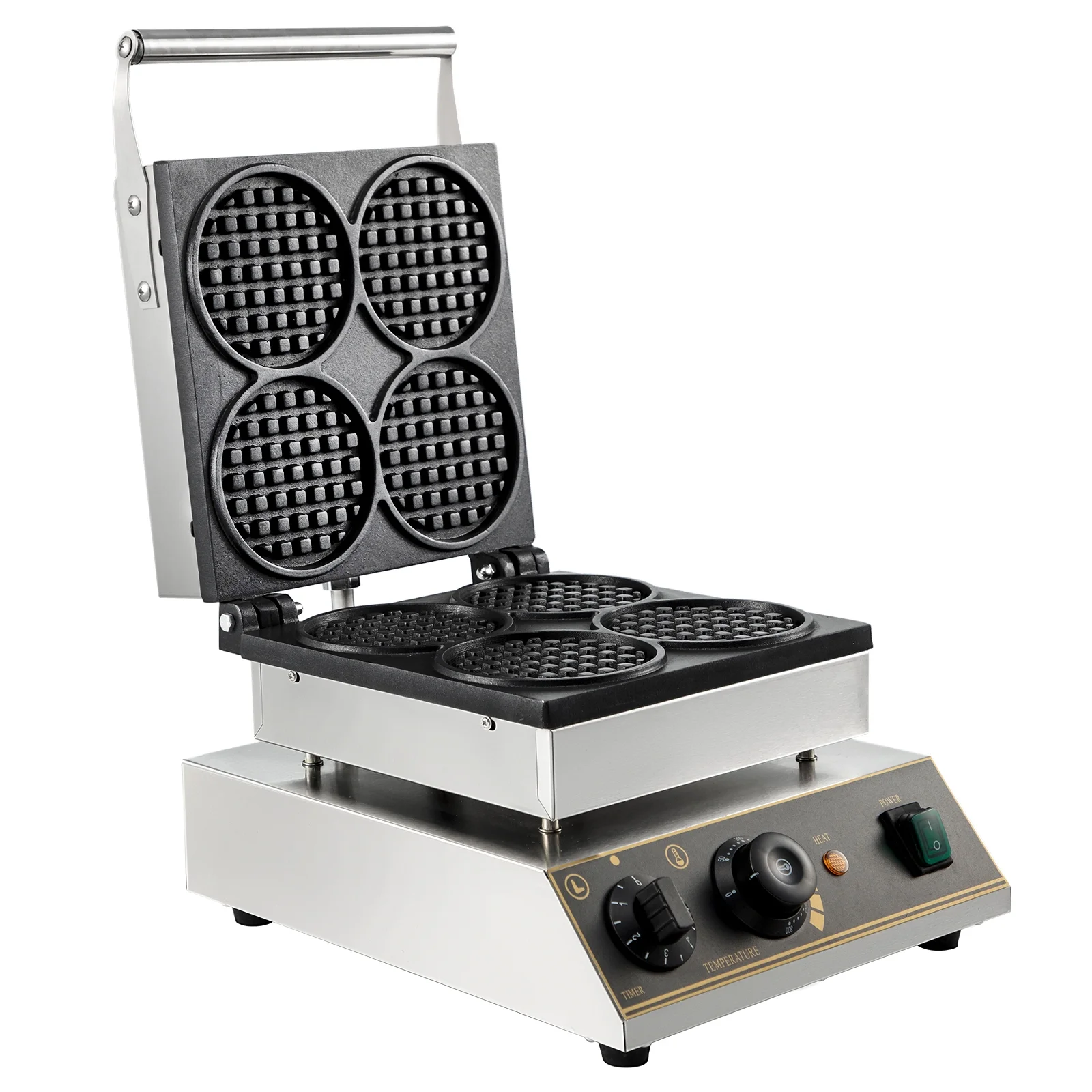 SKYSHALO 1750W Electric Muffin Machine Stainless Steel 110V Temperature and Time Control Suitable for Restaurant Snack Bar Family Commercial Round Waffle Maker 4pcs Nonstick