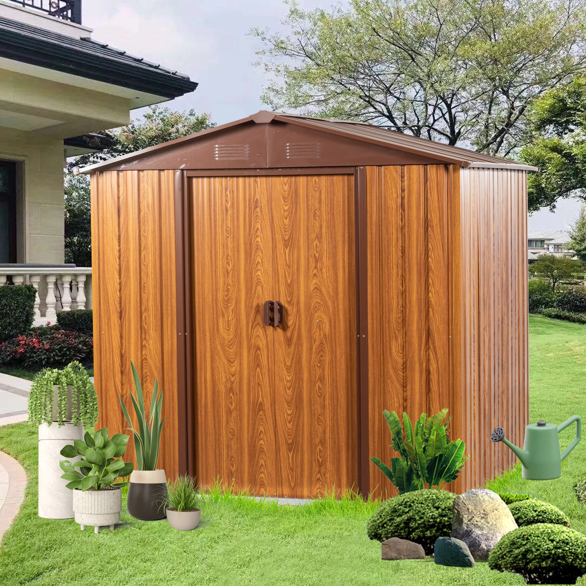 Wood Look Outdoor Storage Shed, Lockable Door, Waterproof Metal Garden Tool Storage Shed with Floor Frame for Backyard Patio Lawn
