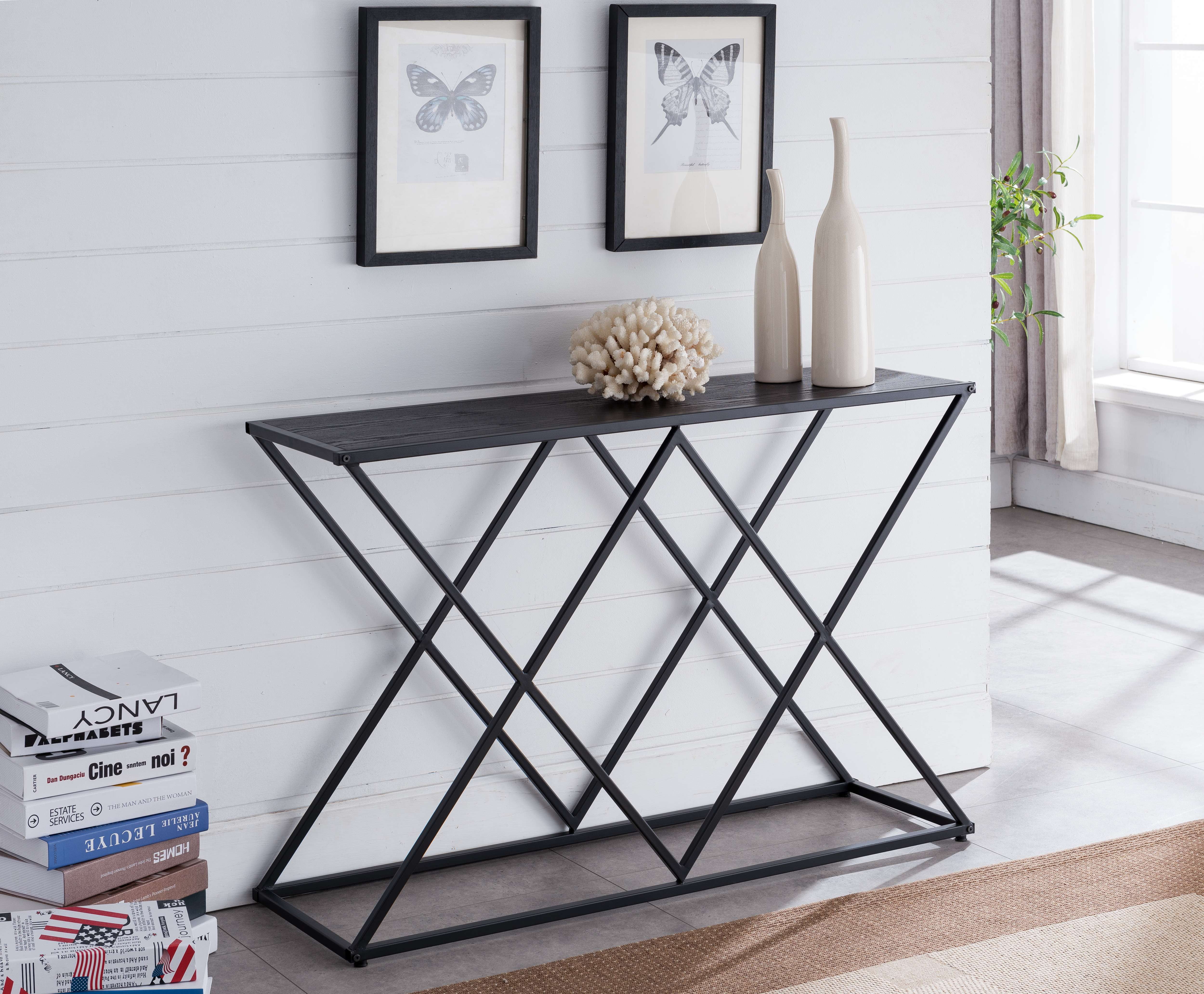 Kings Brand Furniture Modern X-Design Console Table, Black Metal Frame & Dark Gray Wood