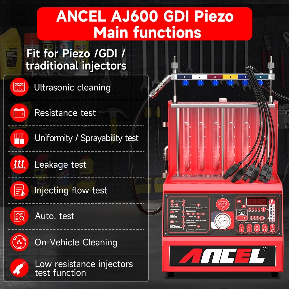ANCEL AJ600 GDI Piezo Injector Cleaning & Testing Machine 6-cylinder Automotive Injection Leakage Tester Ultrasonic Wave Cleaning Uniformity Test Injecting Flow Test for Fuel Injector Cleaner & Tester