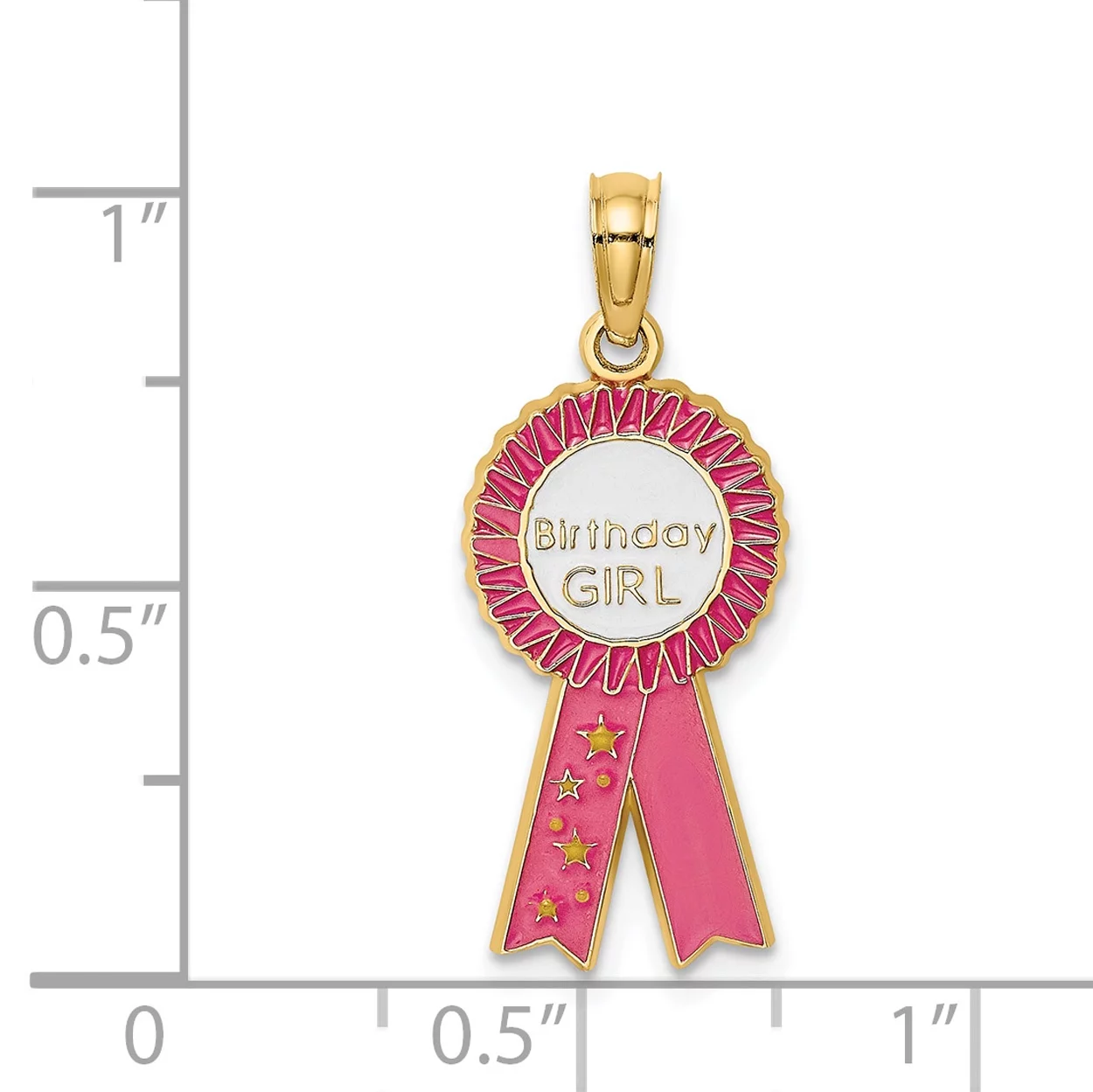 Carat in Karats 14K Yellow Gold Enamel Birthday Girl Pink Ribbon Pendant Charm (23.5mm x 10.7mm) With 14K Yellow Gold Lightweight Rope Chain Necklace 20''