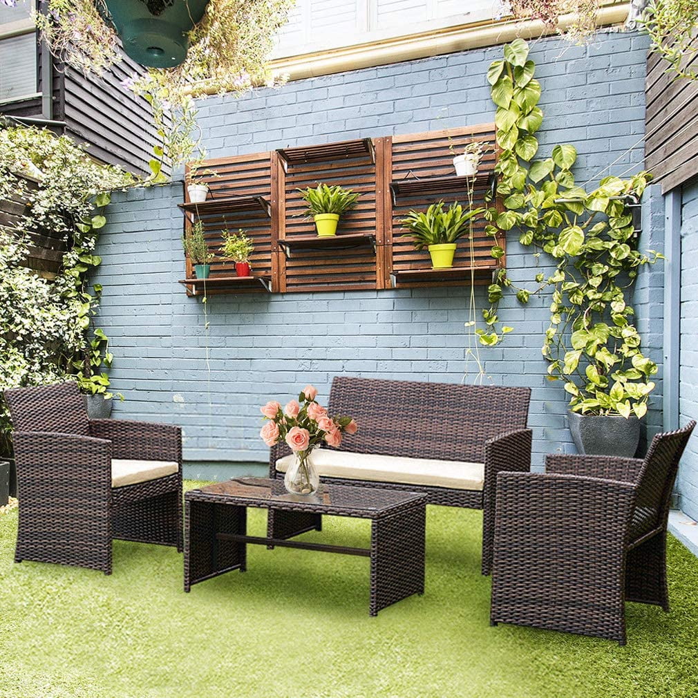 4 Pieces Outdoor Patio Furniture Sets Wicker Outdoor Garden Furniture,Brown, 3 People