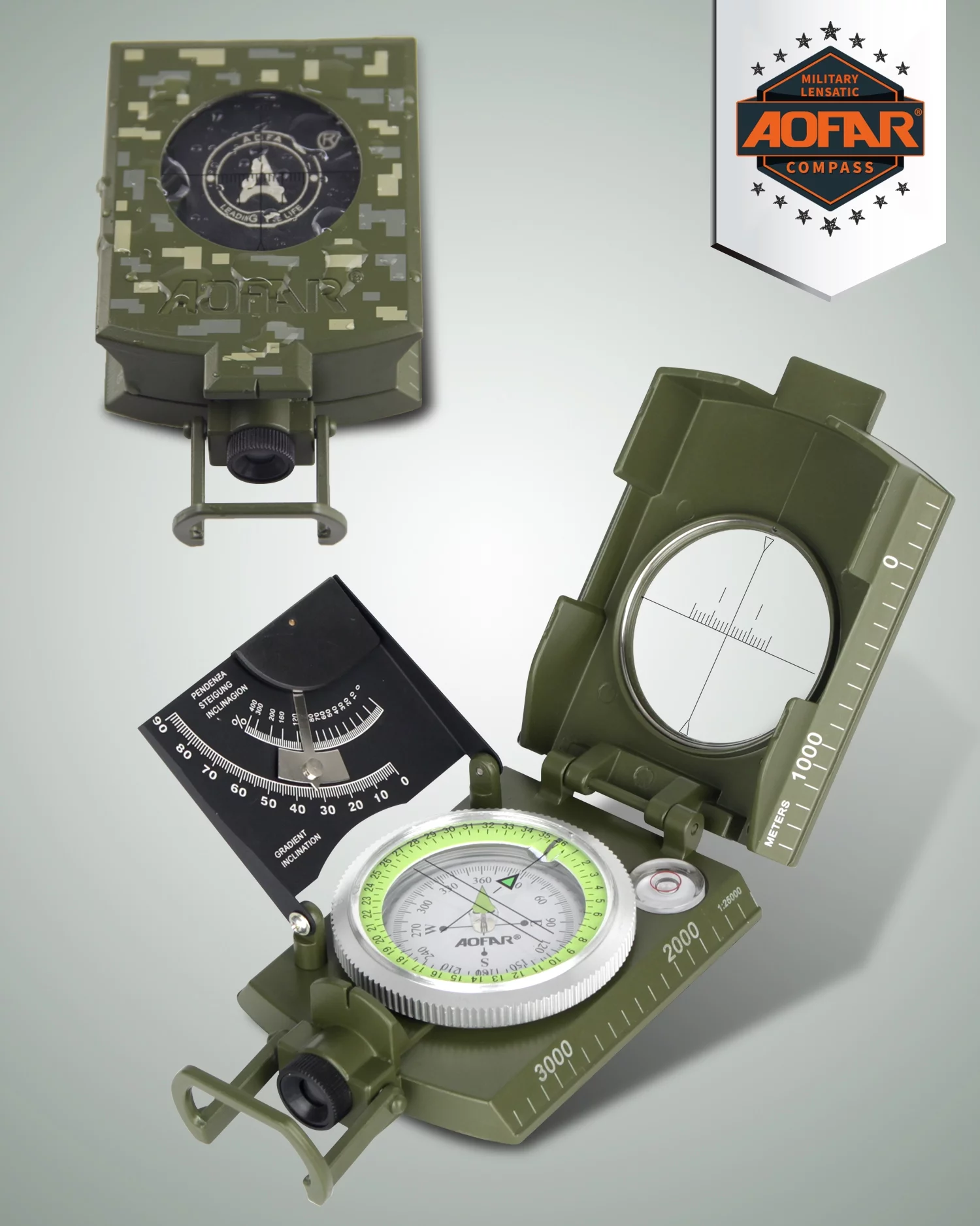 AOFAR Military Compass AF-4074 Camo for Hiking ,Lensatic Sighting Waterproof ,Durable ,Inclinometer for Camping ,Hiking
