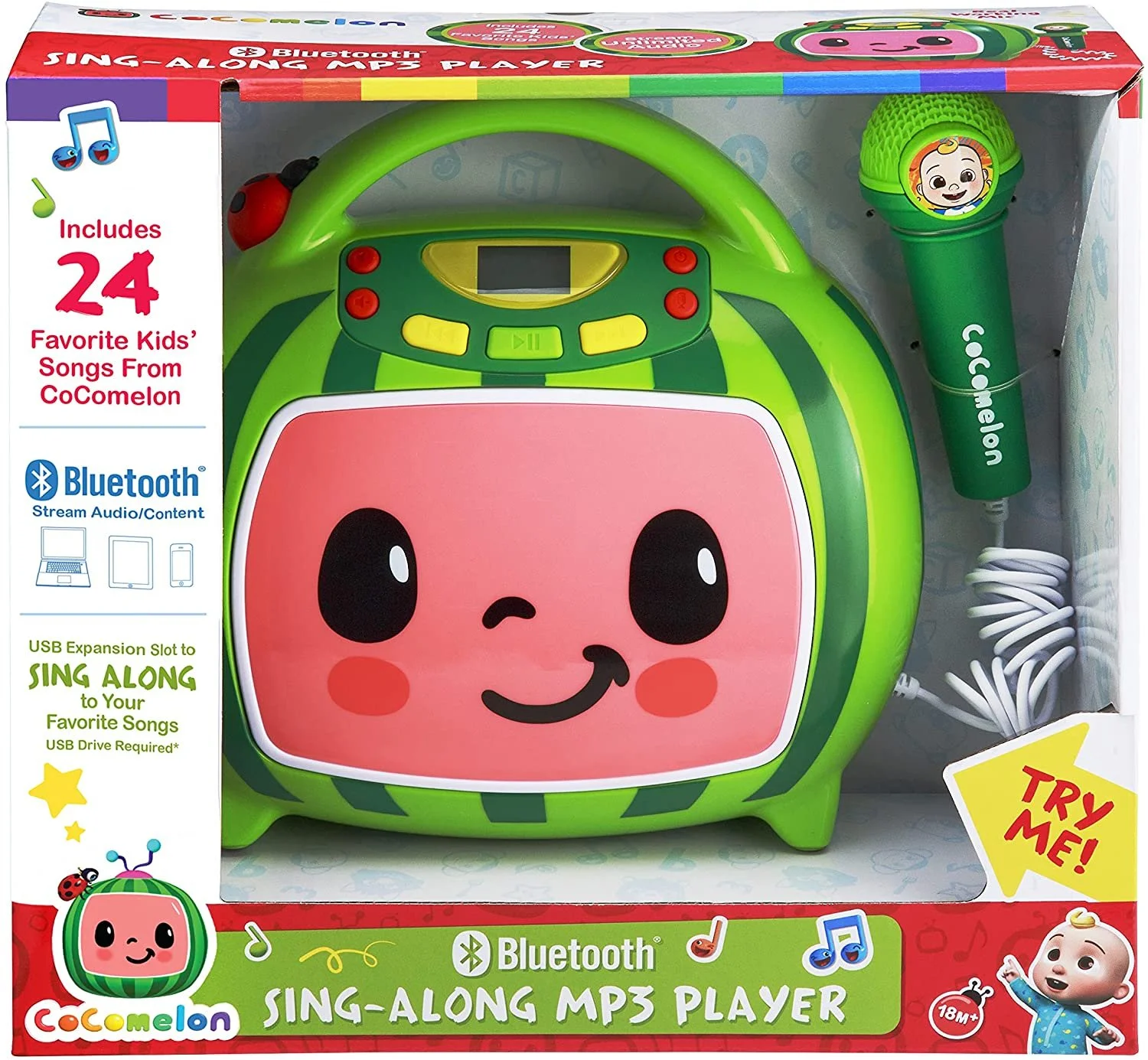 eKids Cocomelon Karaoke Machine, Portable Bluetooth Party Speaker with Microphone for Kids, Built-in Songs and USB Port to Play Music