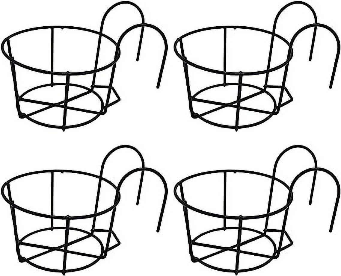 Namzi 4 Pack Round Hanging Railing Planters, Flower Pot Holders Metal Pot Plant Basket, Shelf containers for Indoor and Outdoor use (Black) 25cm