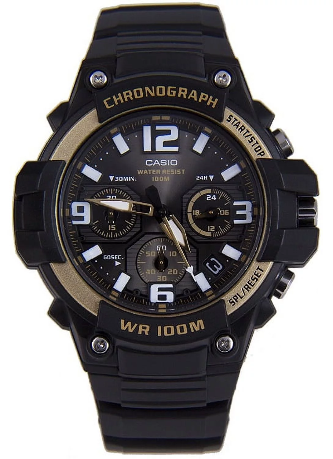 Men's Black/Gold Chronograph Watch, Resin Strap, MCW100H-9A2V