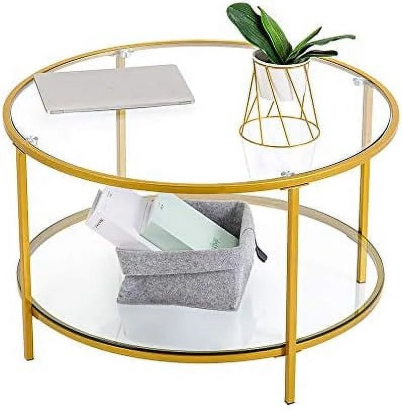 JDZHAPPYLIFE 31.5" Round Coffee Table with Open   2-Tier Temperred Glass Round Accent Coffee Table with Metal Frame  Mustard Gold