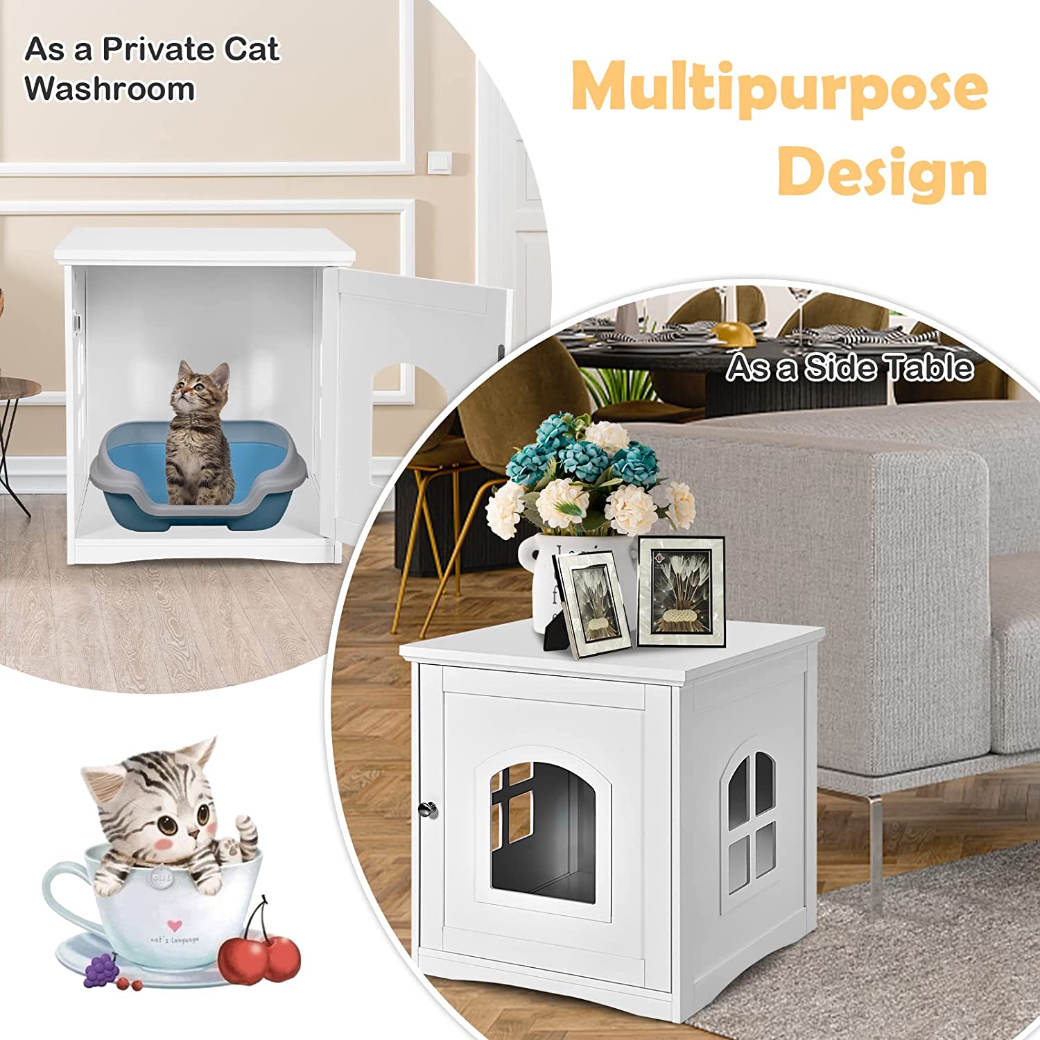 PETSITE Cat Litter Box Enclosure, Hidden Litter Box Furniture, Wooden Kitty Washroom Storage Cabinet, Enclosed Cat House Side Table Nightstand