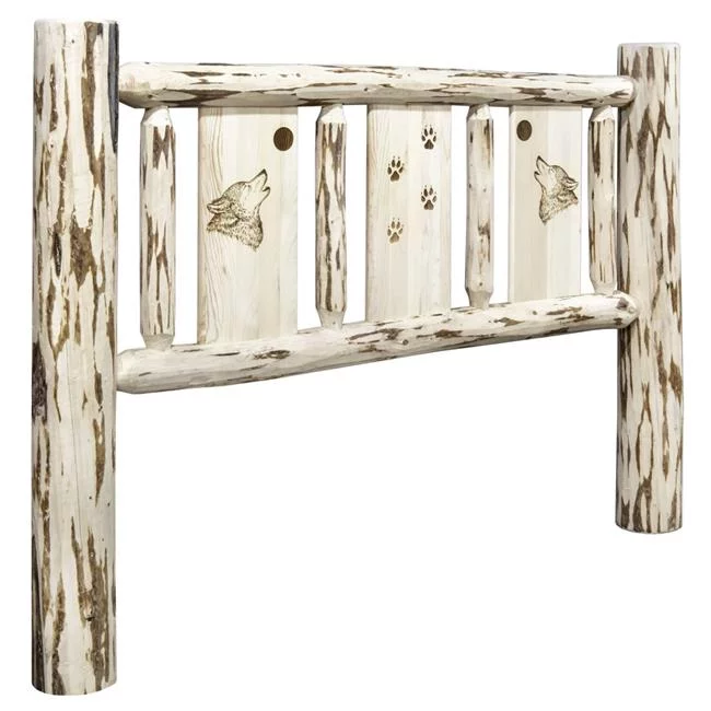 Montana Woodworks  Montana King Headboard with Laser Engraved Wolf Design, Clear Lacquer