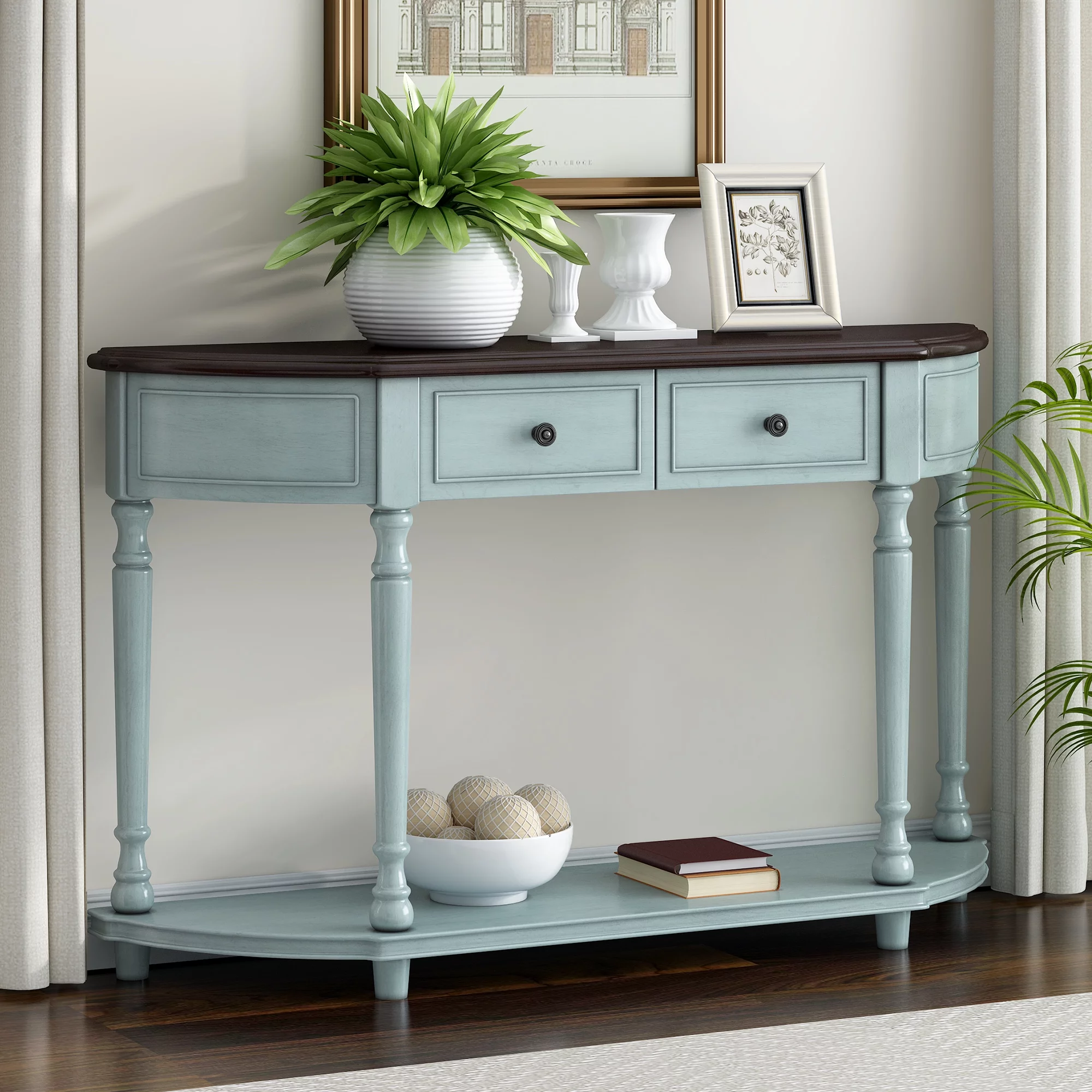 Retro Circular Curved Design Console Table with Open Style Shelf Solid Wooden Frame and Legs Two Top Drawers (Cherry + Antique Blue, OLD SKU: WF298768AAC)