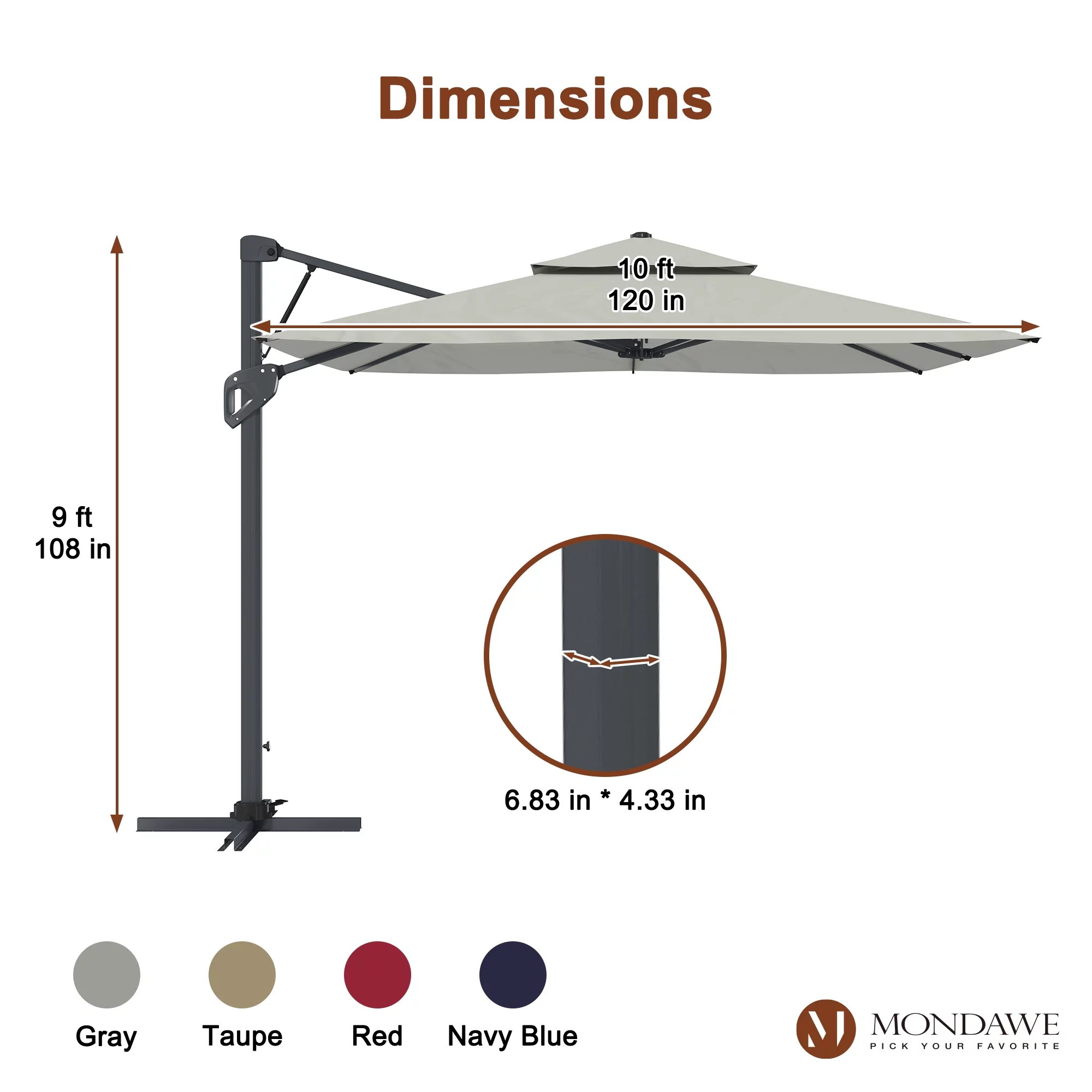 10 Feet Patio Umbrella Outdoor Cantilever Square Umbrella Aluminum Offset Umbrella with 360-degree Rotation for Garden Deck Pool Patio