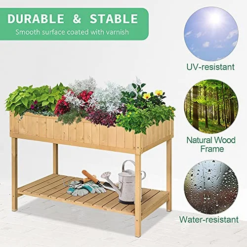 Outsunny Raised Garden Bed with 8 Pockets and Shelf, Wooden Elevated Planter Box with Legs to Grow Herbs, Vegetables, and Flowers, Natural
