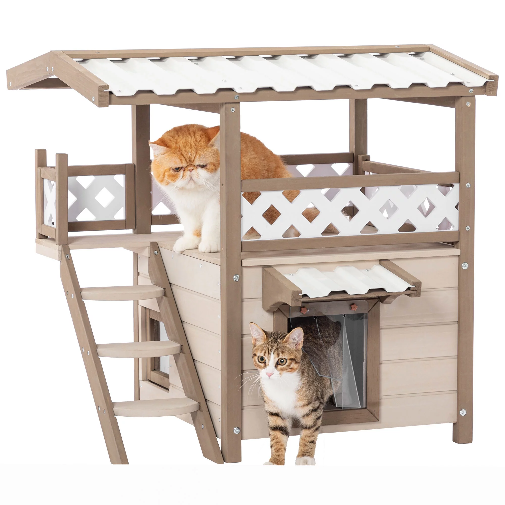 Euroco 2-Story Cat House with Balcony Wood Kitty Shelter Two Floor, Outdoor Cat Condo with Stairs, View Door