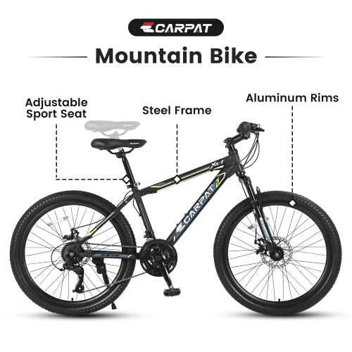 24 Inch Mountain Bike Boys Girls, Steel Frame, Shimano 21 Speed Mountain Bicycle with Daul Disc Brakes and Front Suspension MTB