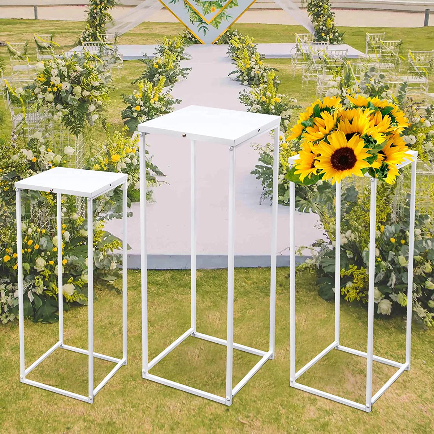 Set of 3 Metal Wedding Flower Vase Stand, Square Rack Flower Holder for Wedding Home Living Room & Patio Decor White/Black (White 3 PCS)