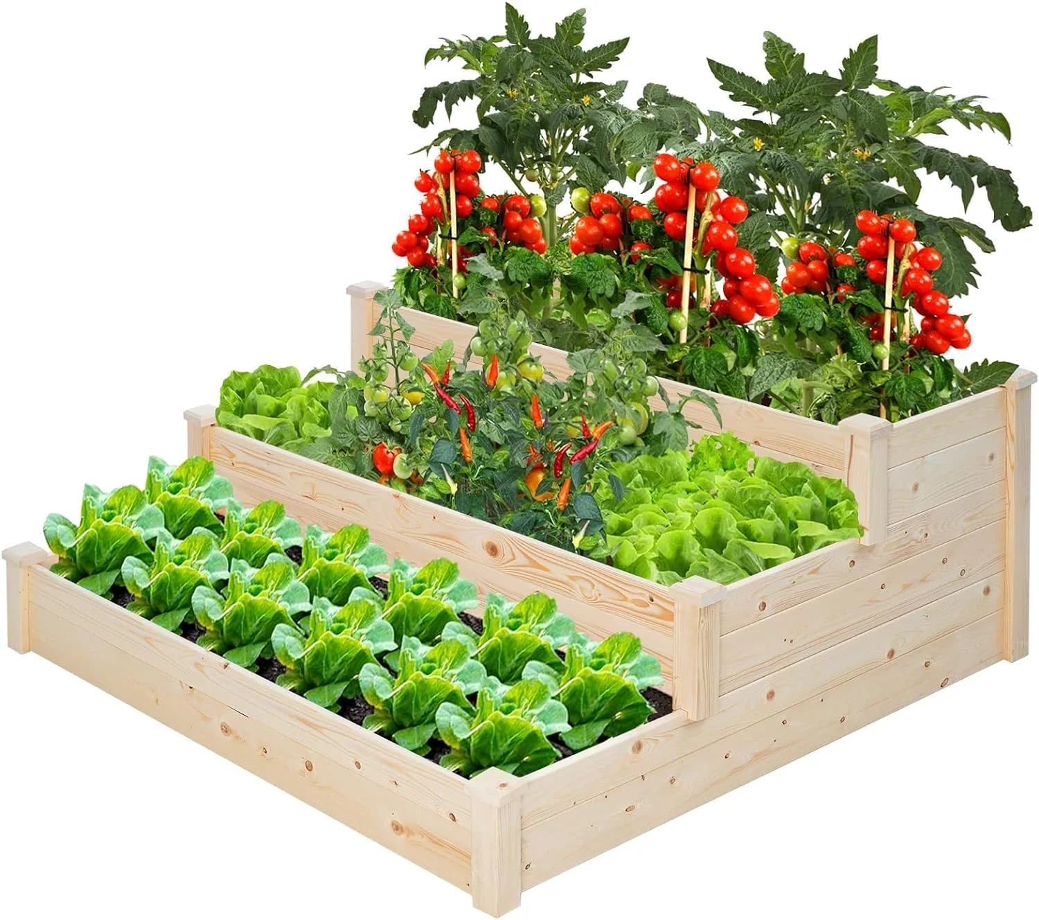 4x4 3 Tier Feet Outdoor Wooden Elevated Raised Garden Bed Planter Kit Grow Gardening Vegetable Natural, S or Yard Gardening, Natural