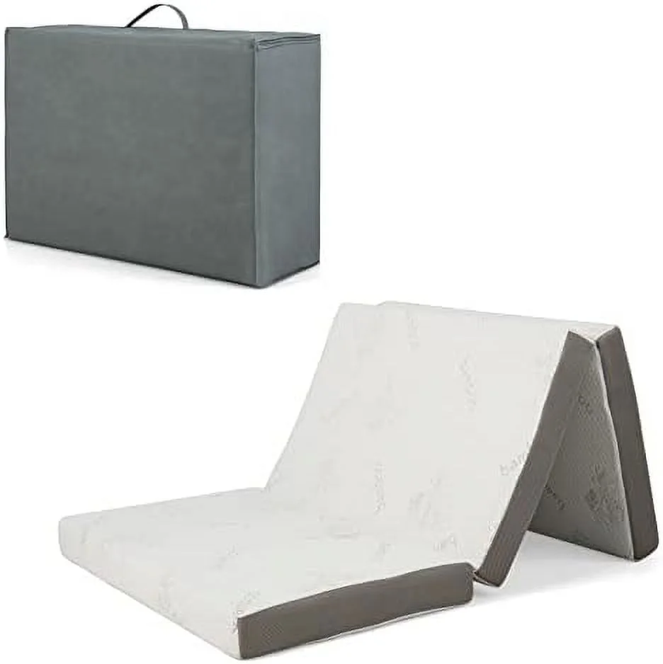 FDSHOIYN Memory Foam Tri-Fold Mattress  4\u201D Foldable Floor Mattress with  Bag & Removable Cover   Memory Mattress with  Fabric for Guest Room  Living Room  RV  Camp (Twin XL)