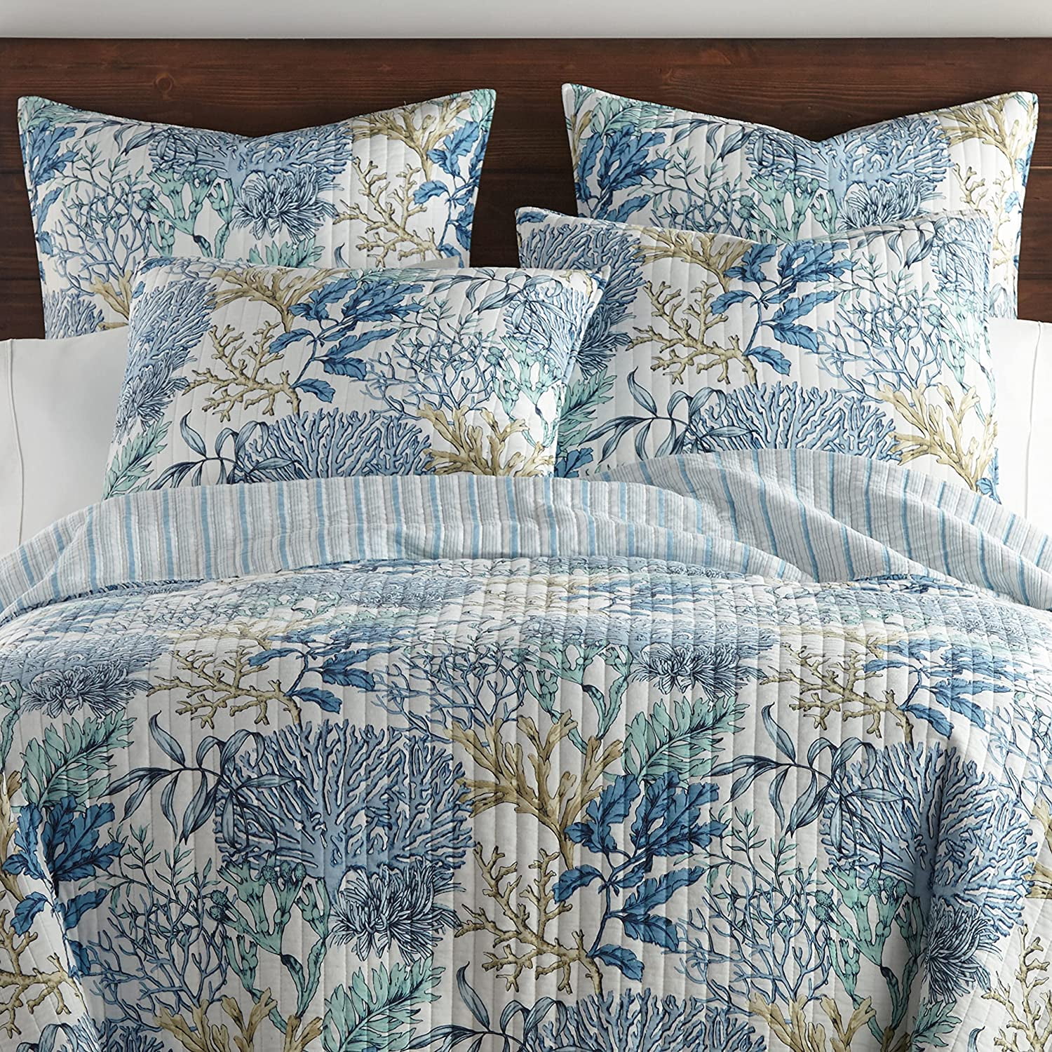 Mahina Quilt Set  King/Cal King Quilt + Two King Pillow Shams  Coastal  Taupe, Blue And White  Quilt Size (106X92in.) And Pillow Sham Size (36X20in.)  Reversible  Cotton