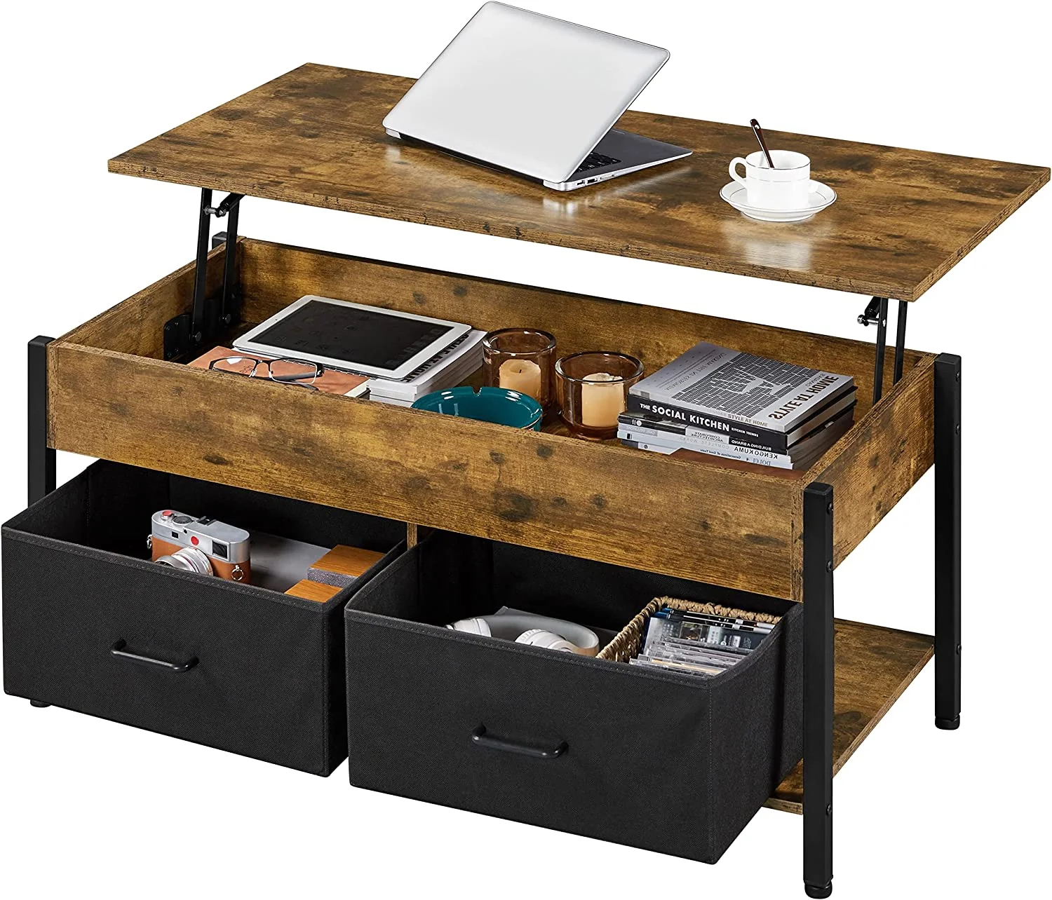 Lift Top Coffee Table with Hidden Storage and 2 Fabric Baskets for Living Room, Wooden Raisable Top Center Table with Shelf and Metal Frame, Easy Lift Up, 41.5 Inch, Rustic Brown