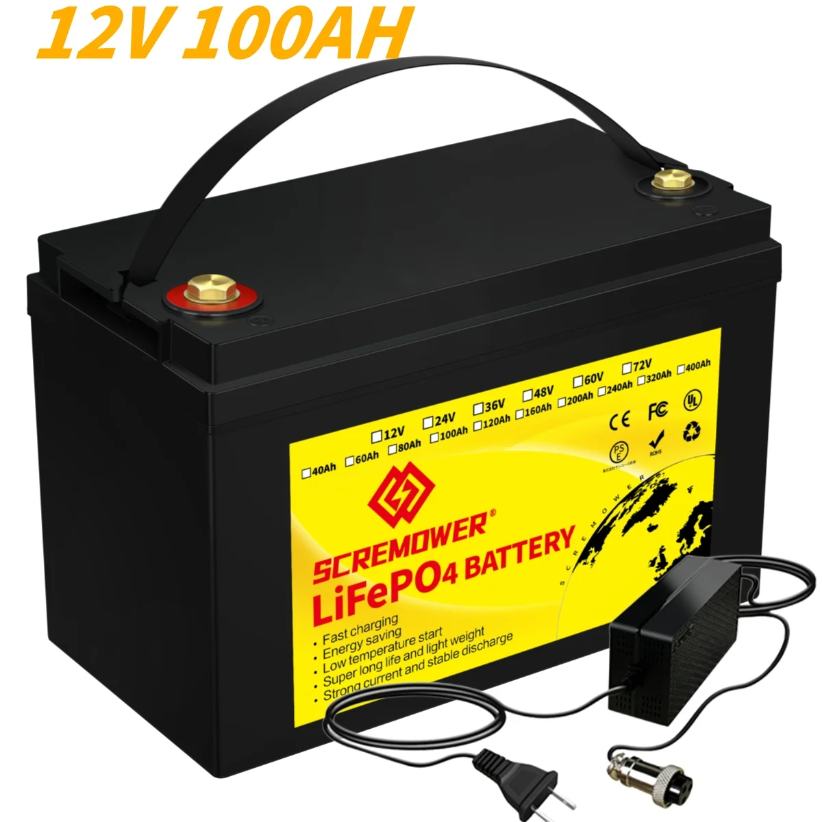 12V 100Ah LiFePO4 Battery, SCREMOWER 100A BMS Rechargeable Lithium Battery, 10000 Cycles, 1.28kWh Perfect for RVs, Caravan,Van, Boats,Home,Camping,Solar