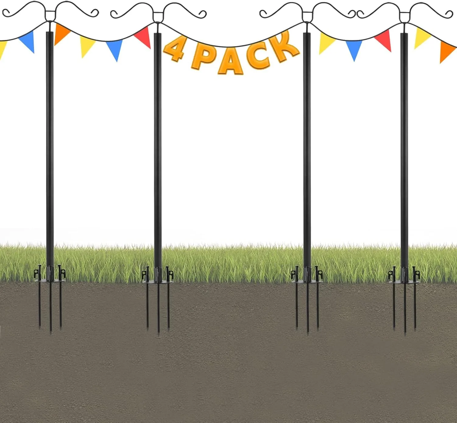 4 Pack String Light Poles, 8.5ft Poles for Outdoor String Lights -3 in 1, Long Solid Stakes, with Thick Poles and Plates,10M Rope, for Deck, Garden,Backyard, Garden, Outdoor