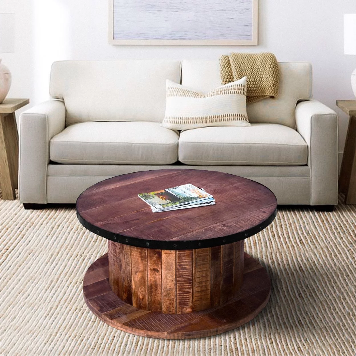 36 Inch Mango Wood Farmhouse Coffee Table with Rustic Plank Style Round Top and Base, Walnut and Natural Brown- Saltoro