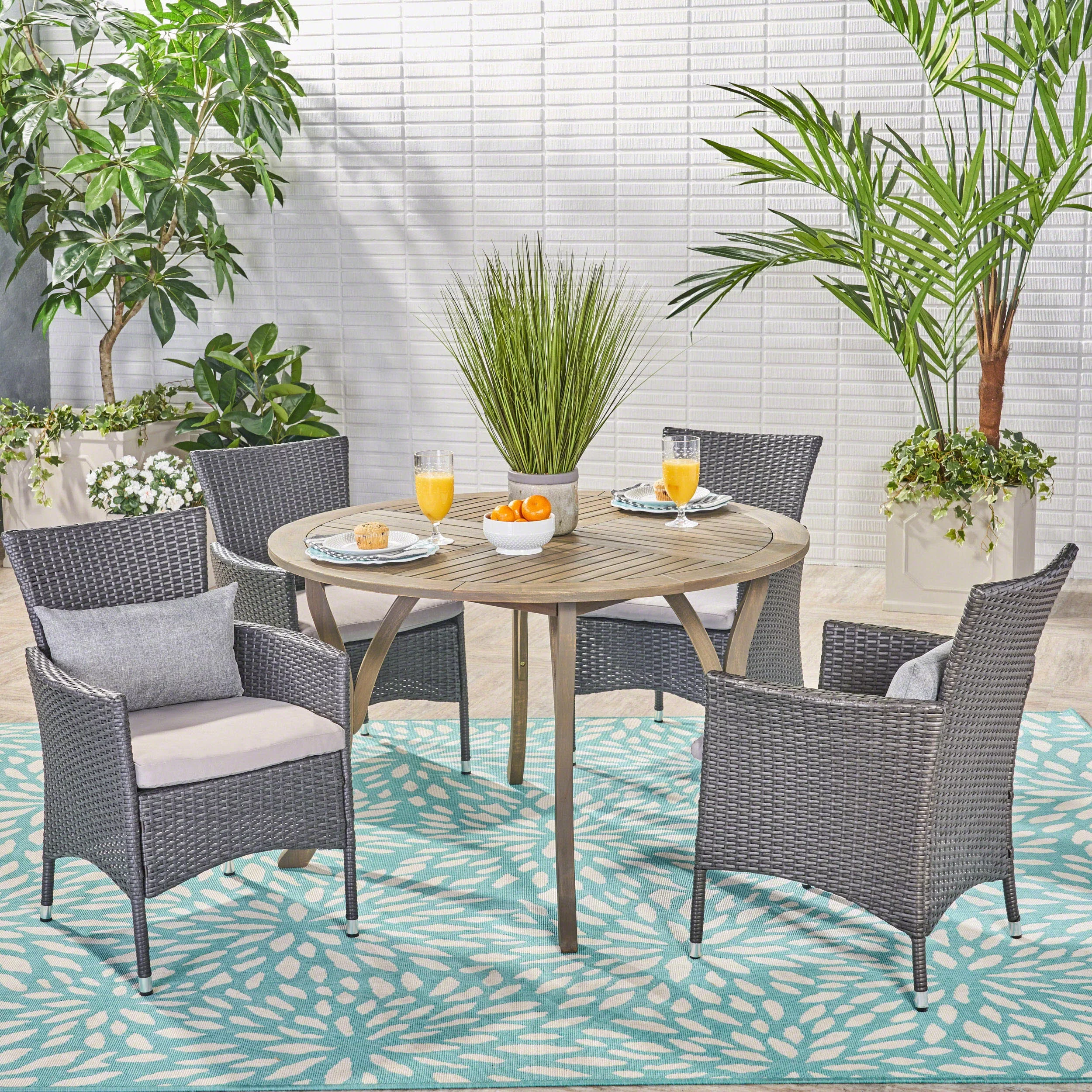 GDF Studio Jersey Outdoor Acacia Wood and Wicker 5 Piece Dining Set with Cushion, Gray and Light Gray