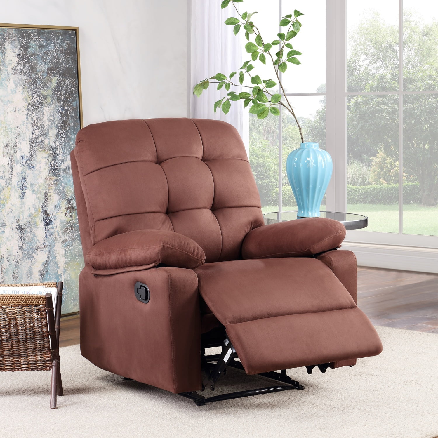 Plush Contemporary Chocolate Color Microfiber Motion Recliner Chair - Manual Motion  Tufted Back  Plush Armrest - 1pc Couch for Living Room Furniture