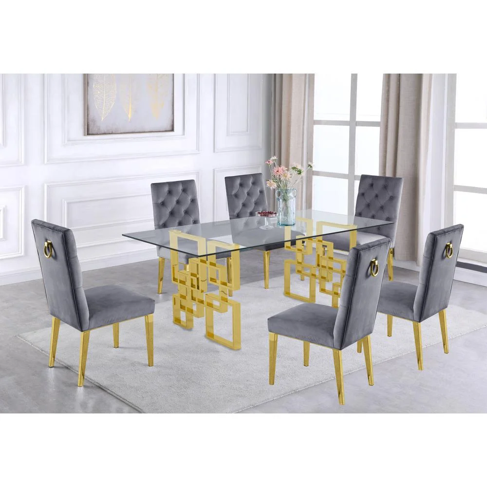 7 Piece Dining Set with Rectangular Clear Glass Top and Gold Stainless Steel