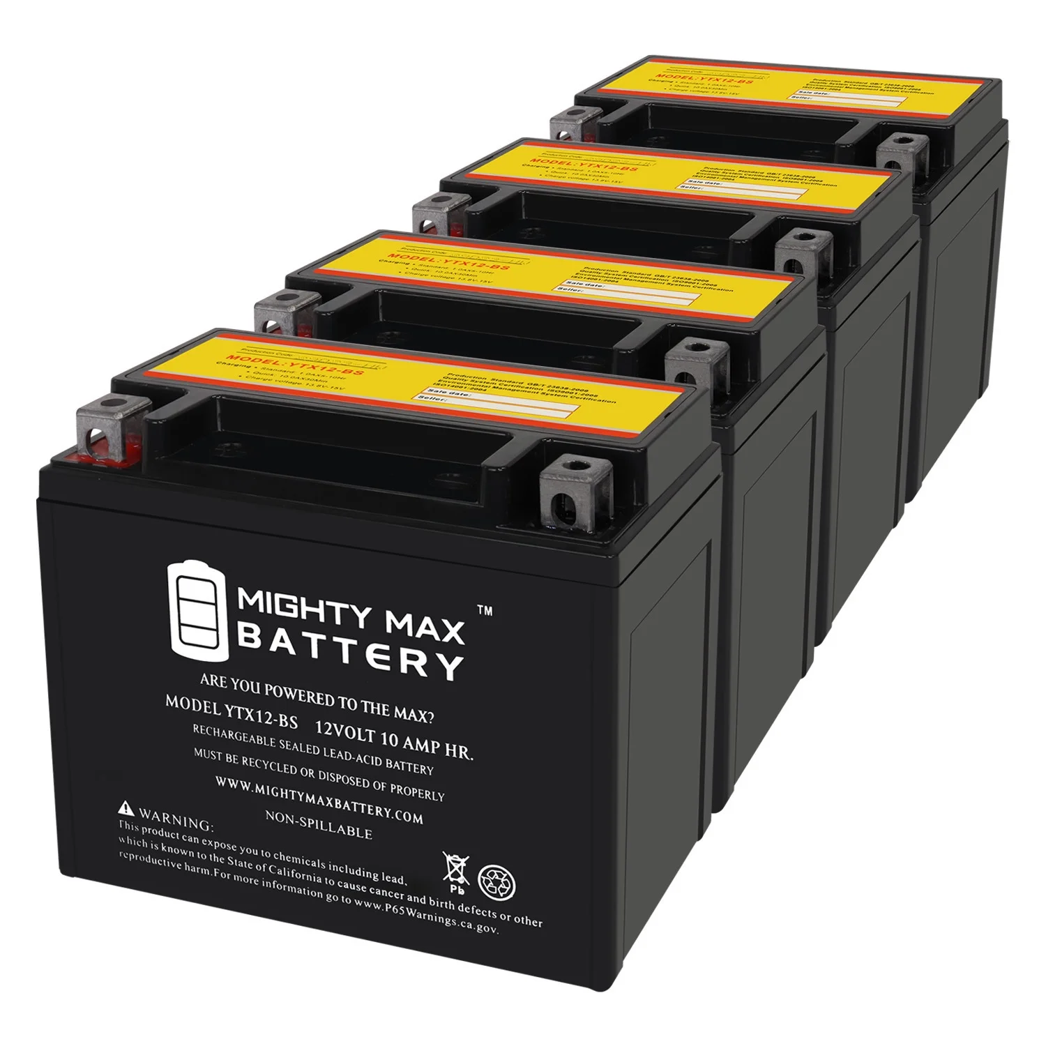 YTX12-BS 12V 10Ah Replacement Battery compatible with ACDelco ATX12BS - 4 Pack