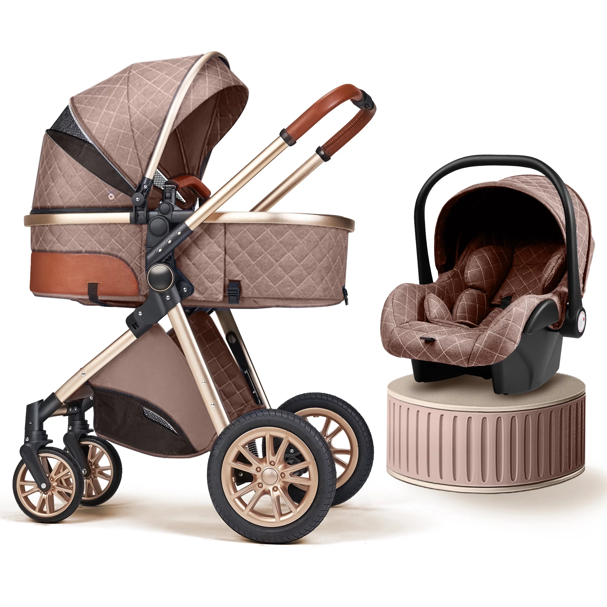 High Landscape Stroller 0-36 Months Kids Unisex Folding Infant Newborn Bassinet Pram(Brown)