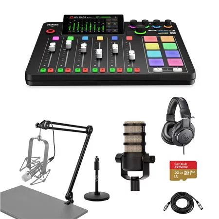 RODECaster Pro II Integrated Audio Production Studio Console Bundle with PodMic Microphone, TAPH500 Headphones, Mic Stand, M to F XLR Cable, 32GB microSD Card