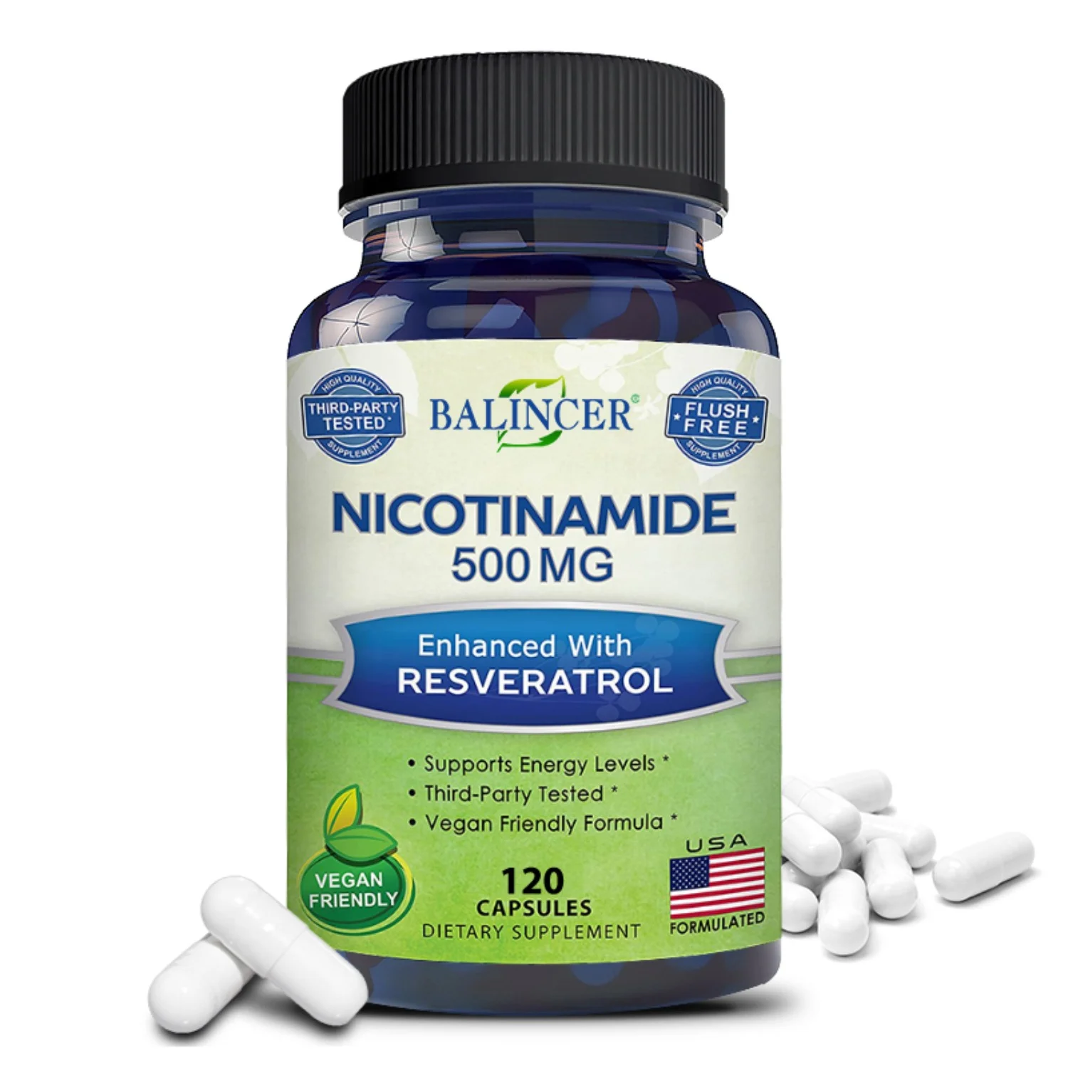 Balincer Niacinamide Vegan Capsules with Resveratrol - Vitamin B3 500 mg - Replenishes skin cell health and energy