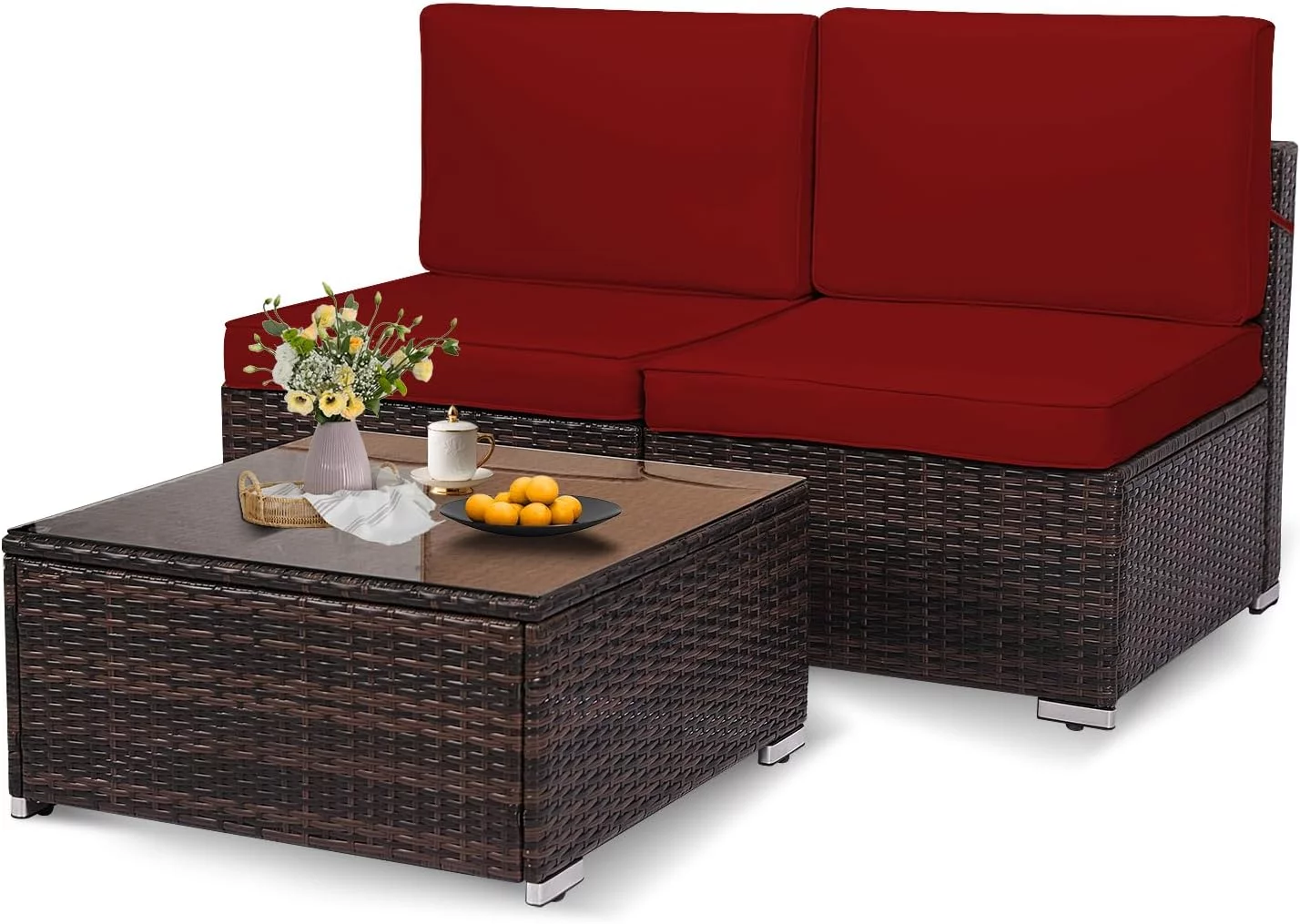 MEETWARM 3-Piece Outdoor Sectional Rattan Patio Furniture Set, All Weather PE Wicker Loveseat Armless Sofa Set with 4 Washable Cushions and Glass-Top Coffee Table for Porch Lawn Garden Backyard, Red