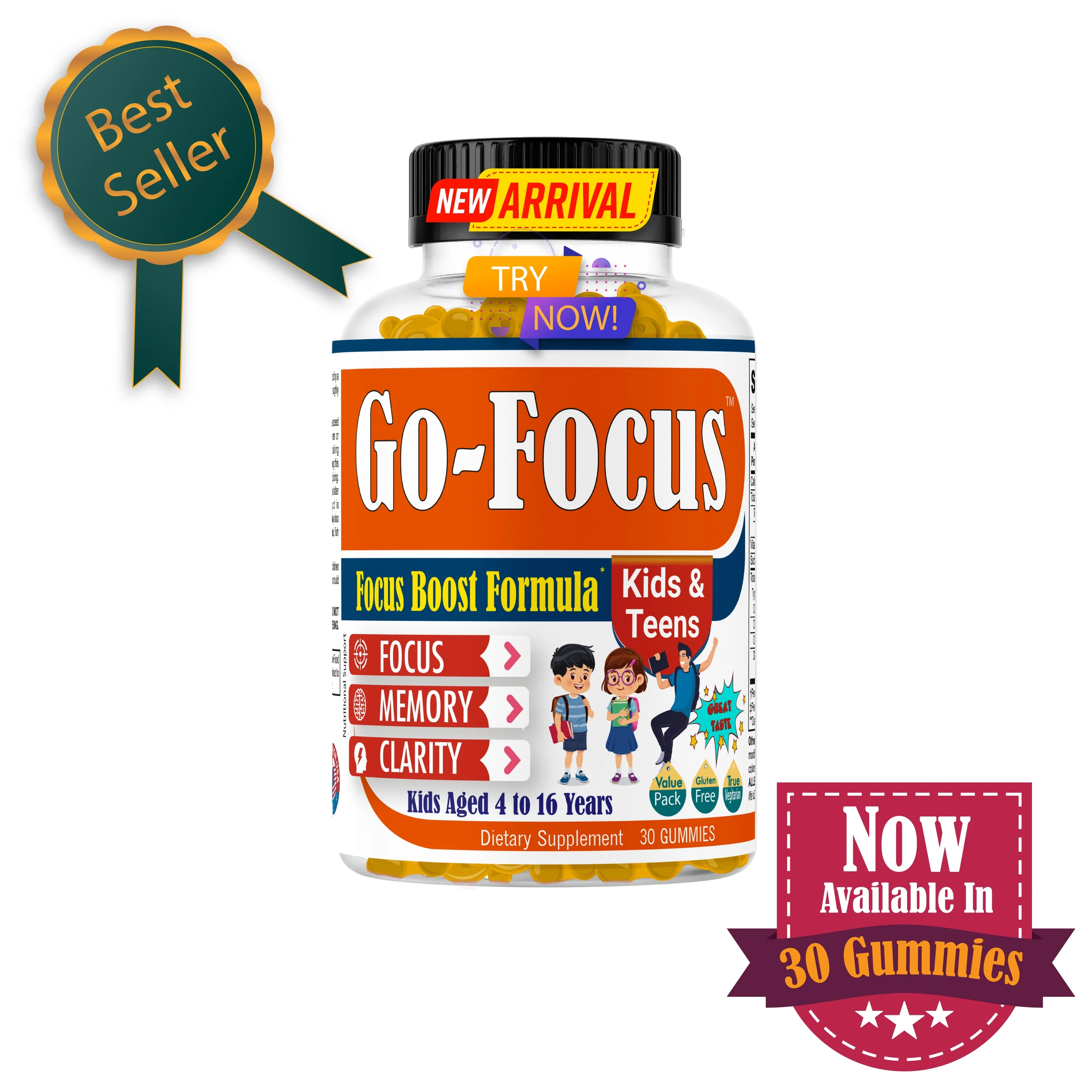 Brain Focus Booster Vitamin for Kids, Memory, Supports Focus, Clarity, Concentration 30 Gummies