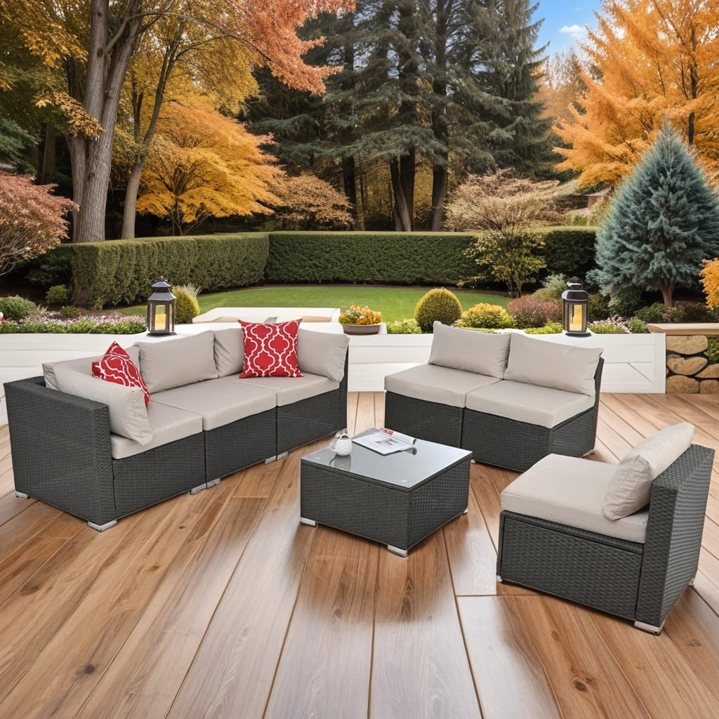 7 Pieces Outdoor Patio Furniture Set, Outdoor Sectional Rattan Sofa, PE Manual Weaving Wicker Patio Conversation Set with Cushion, Glass Table, Pillow, Beige