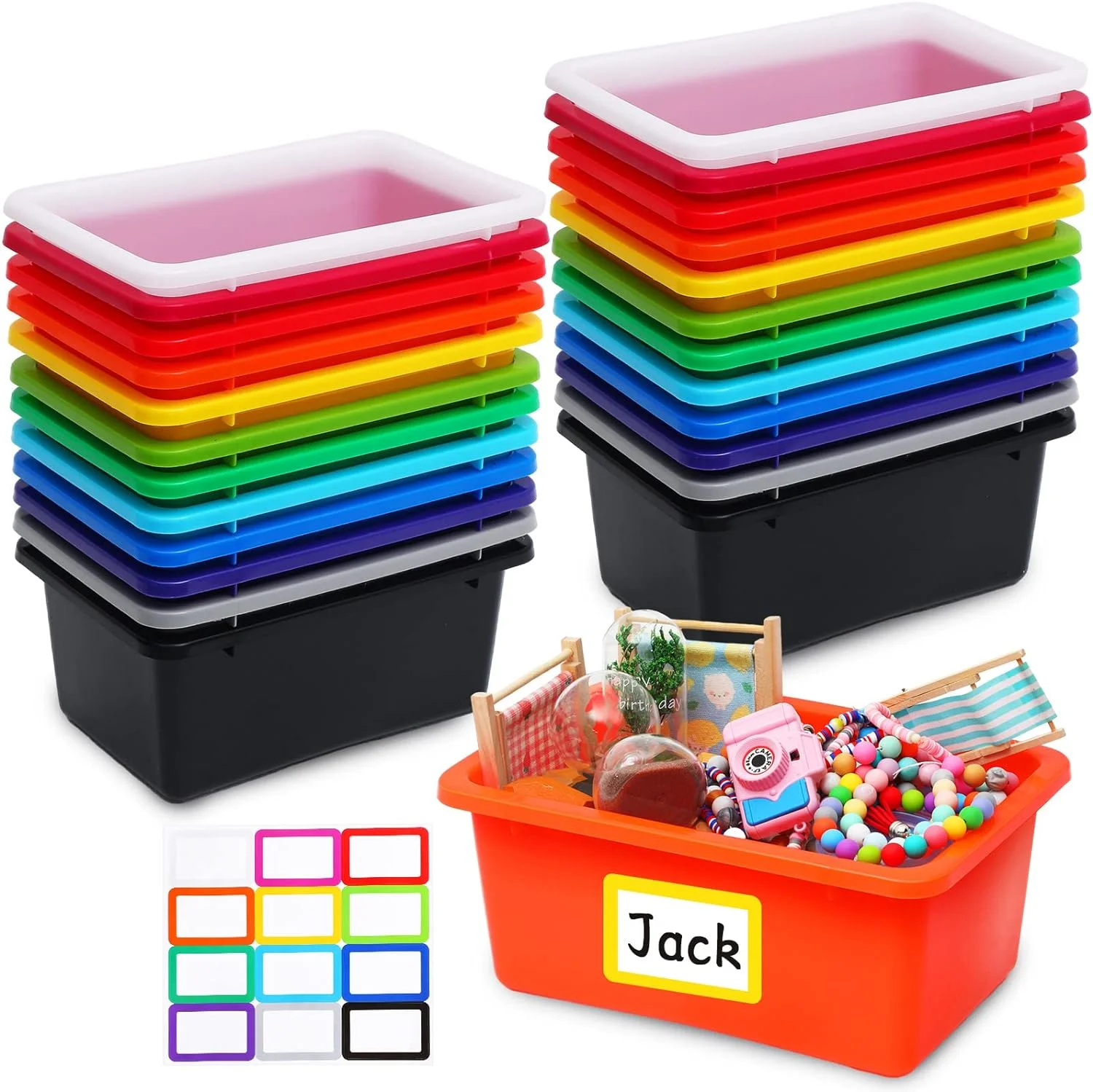XIANMM 24 Pack Small Plastic Cubby Bins Colorful Storage Container Multi Purpose Classroom Storage Organizer with Label Stackable Toy Boxes for School Office Home Nursery, 11.5 x 7.5 x 5 Inch