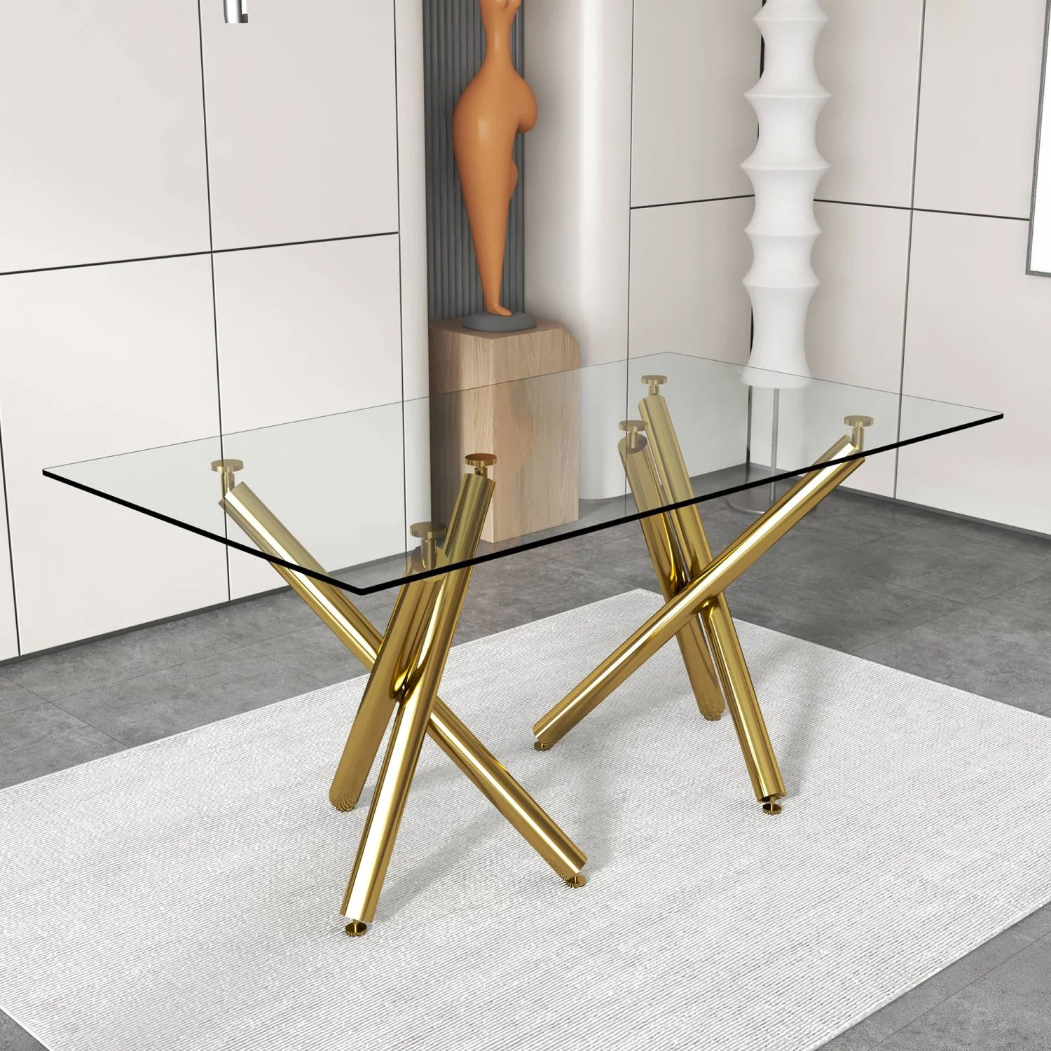 Large  Stunning Modern Minimalist Rectangular Glass Dining Table for 6-8 People with Elegant 0.39” Thick Tempered Glass Tabletop and Luxurious Golden Metal Legs  Ideal for Kitchen  Dining